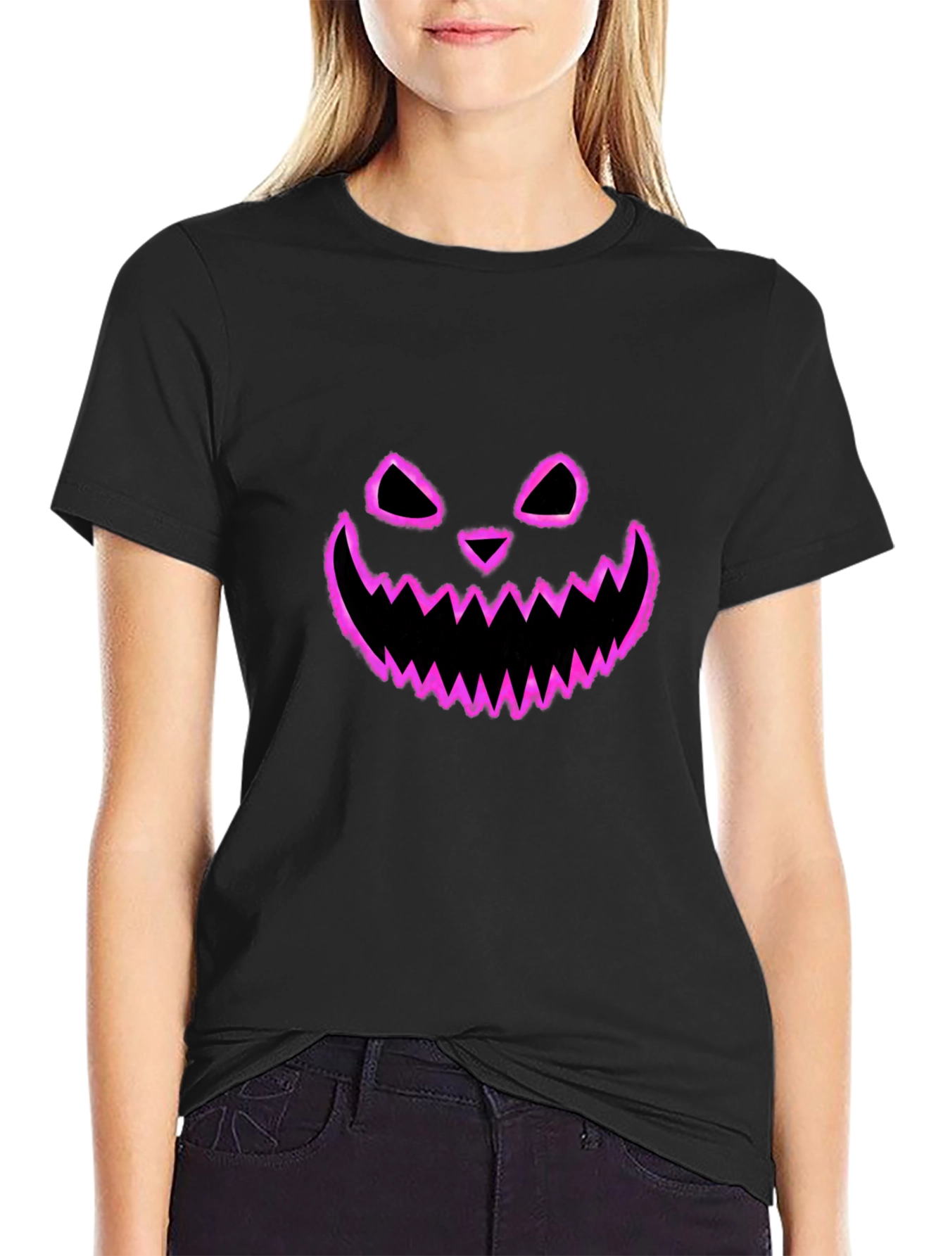 Halloween Pumpkin Face Graphic Tee - Black
