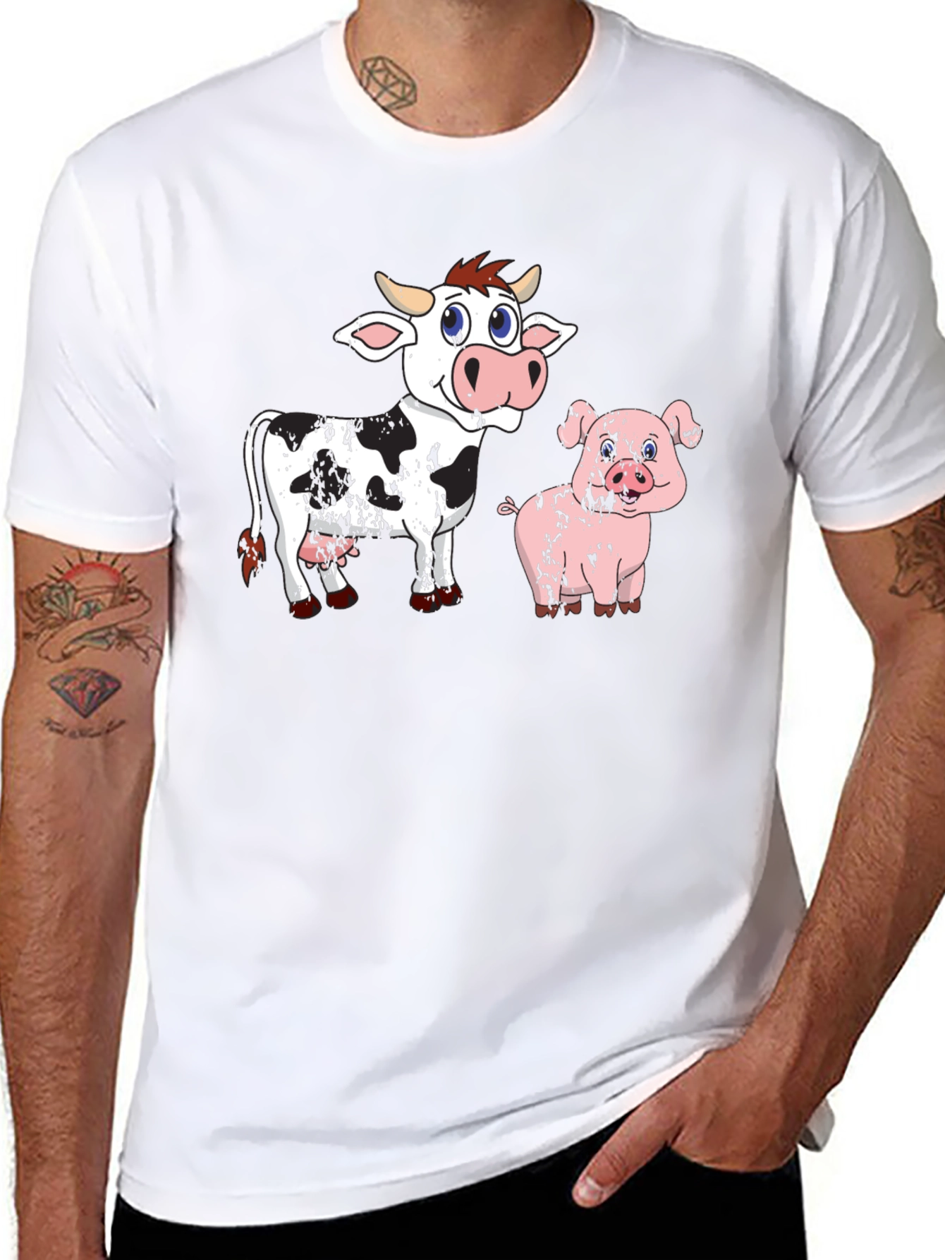 Cow & Pig Cartoon Graphic T-Shirt - Black