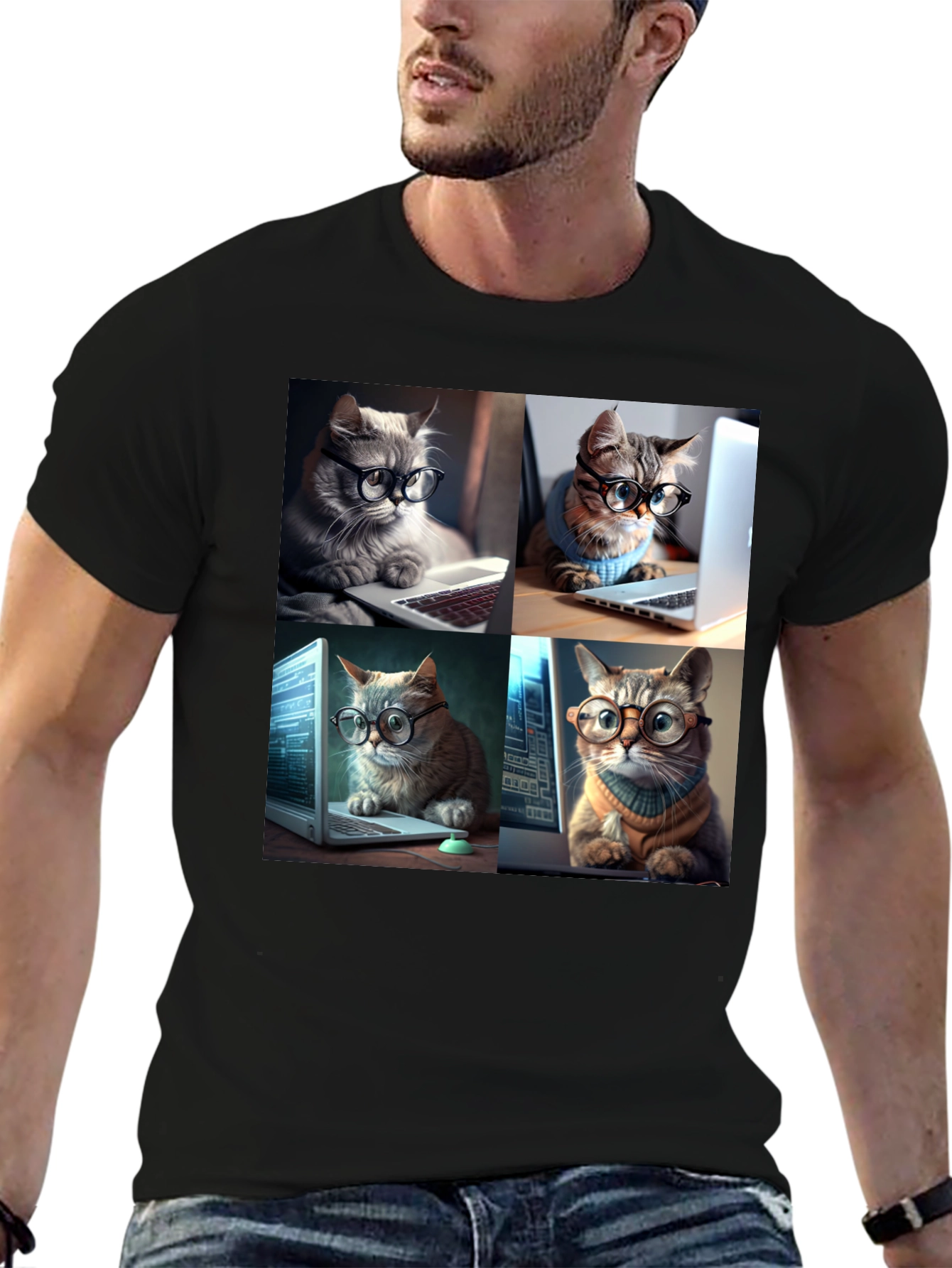 Cat Programmer T-Shirt - Black Cotton Blend
