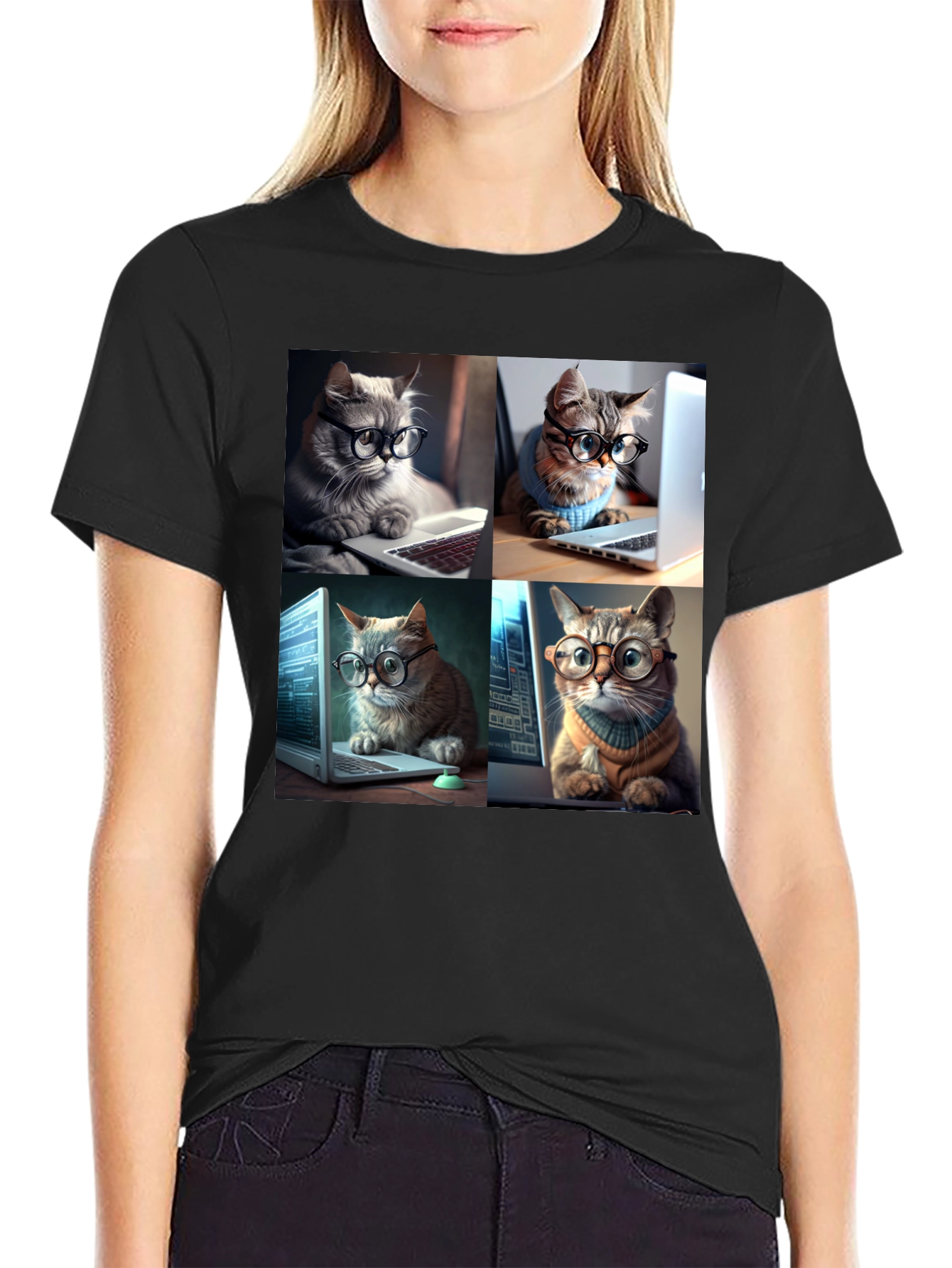 Cat Programmer T-Shirt - Black Cotton Blend