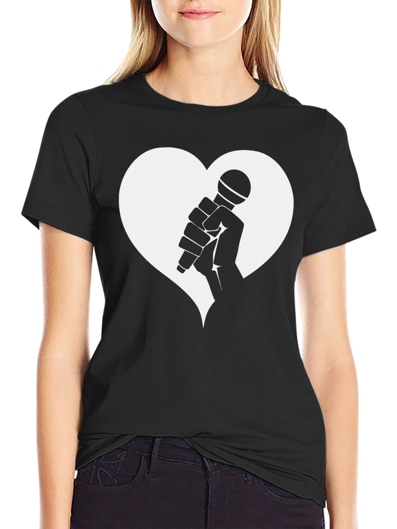 Heart Microphone Graphic Tee - Black Casual T-Shirt