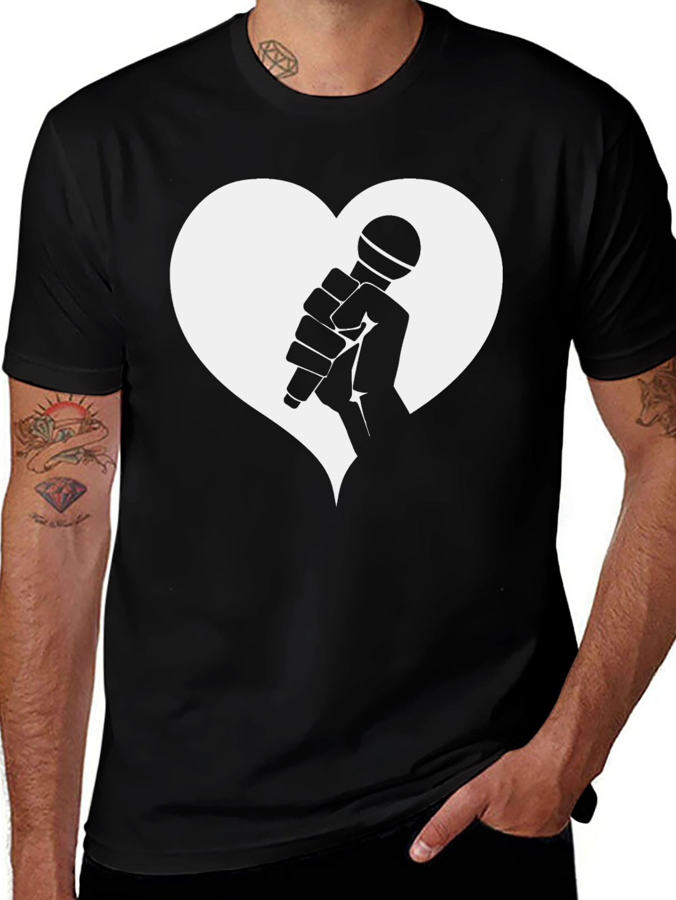 Heart Microphone Graphic Tee - Black Casual T-Shirt