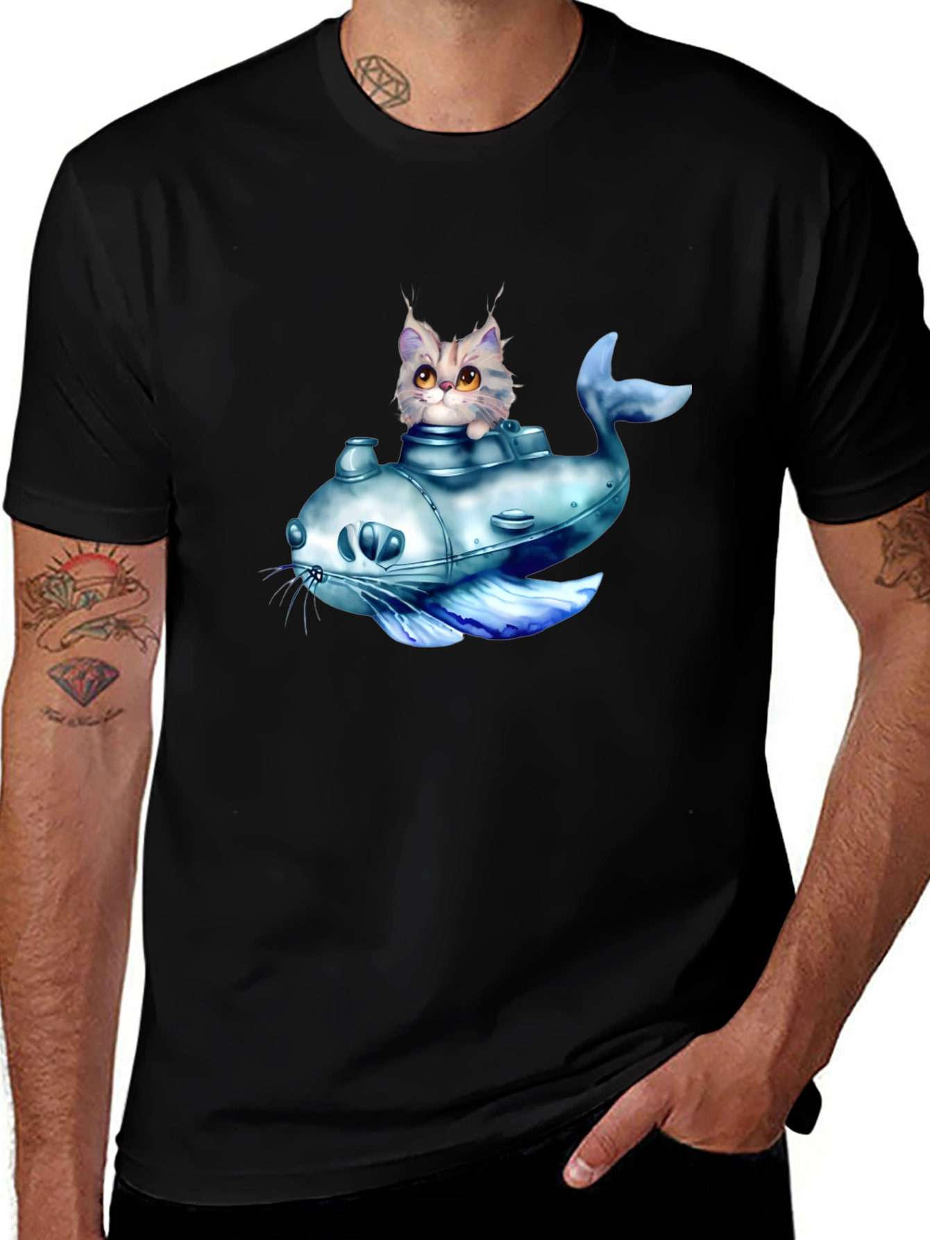 Cat Submarine Graphic T-Shirt - Black