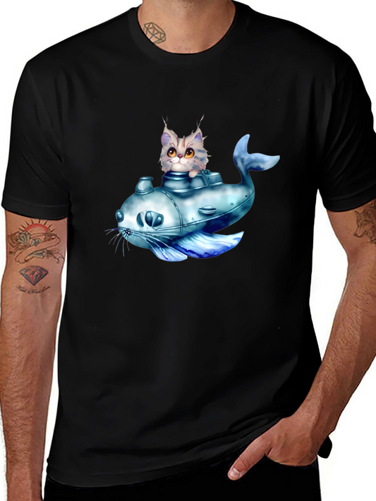 Cat Submarine Graphic T-Shirt - Black