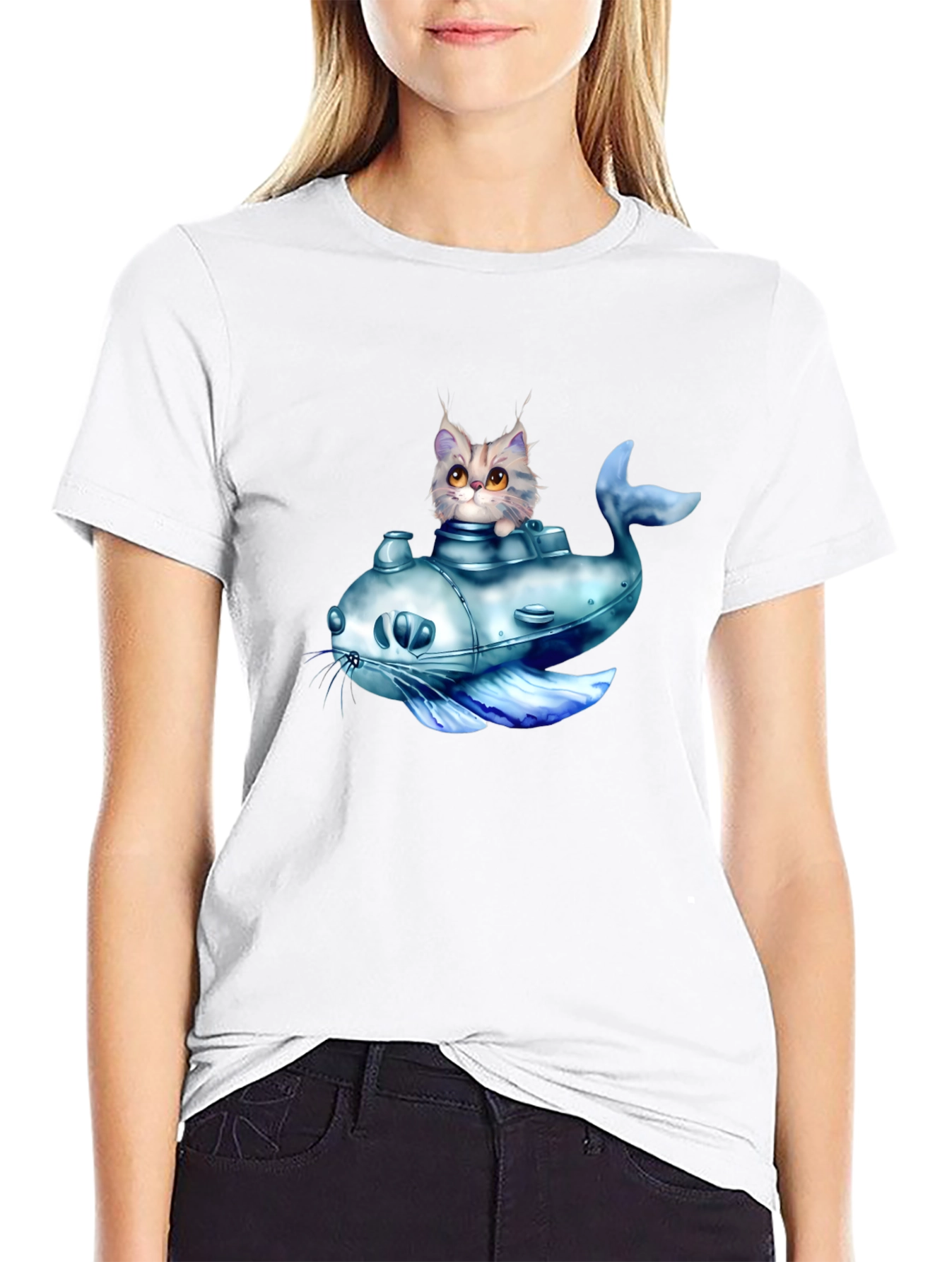 Cat Submarine Graphic T-Shirt - Black