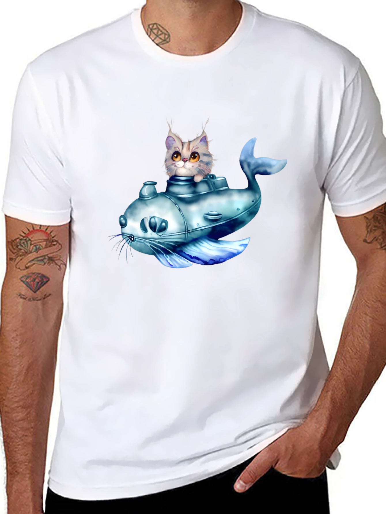 Cat Submarine Graphic T-Shirt - Black