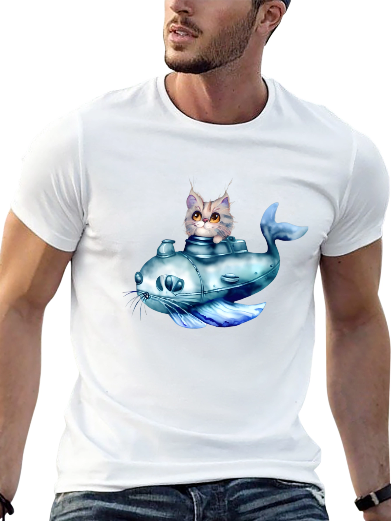 Cat Submarine Graphic T-Shirt - Black