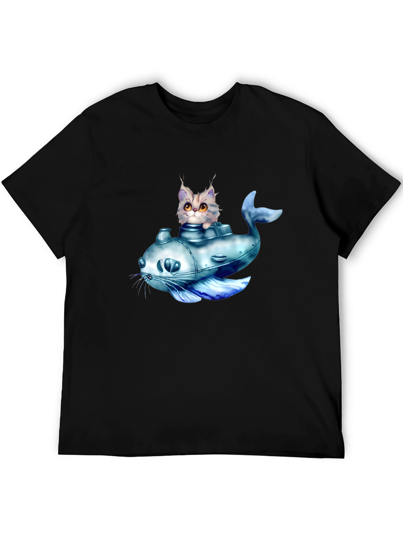 Cat Submarine Graphic T-Shirt - Black