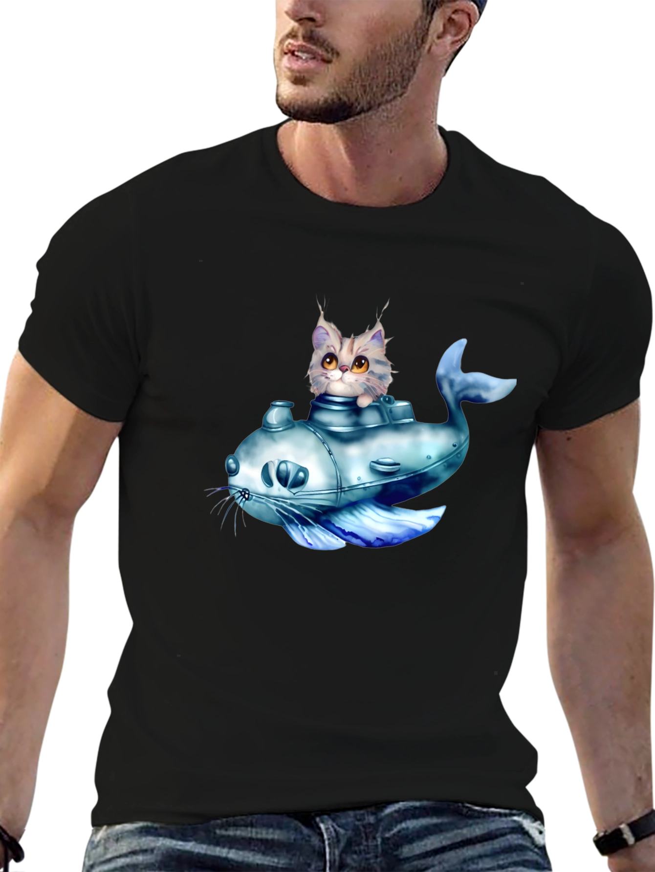 Cat Submarine Graphic T-Shirt - Black