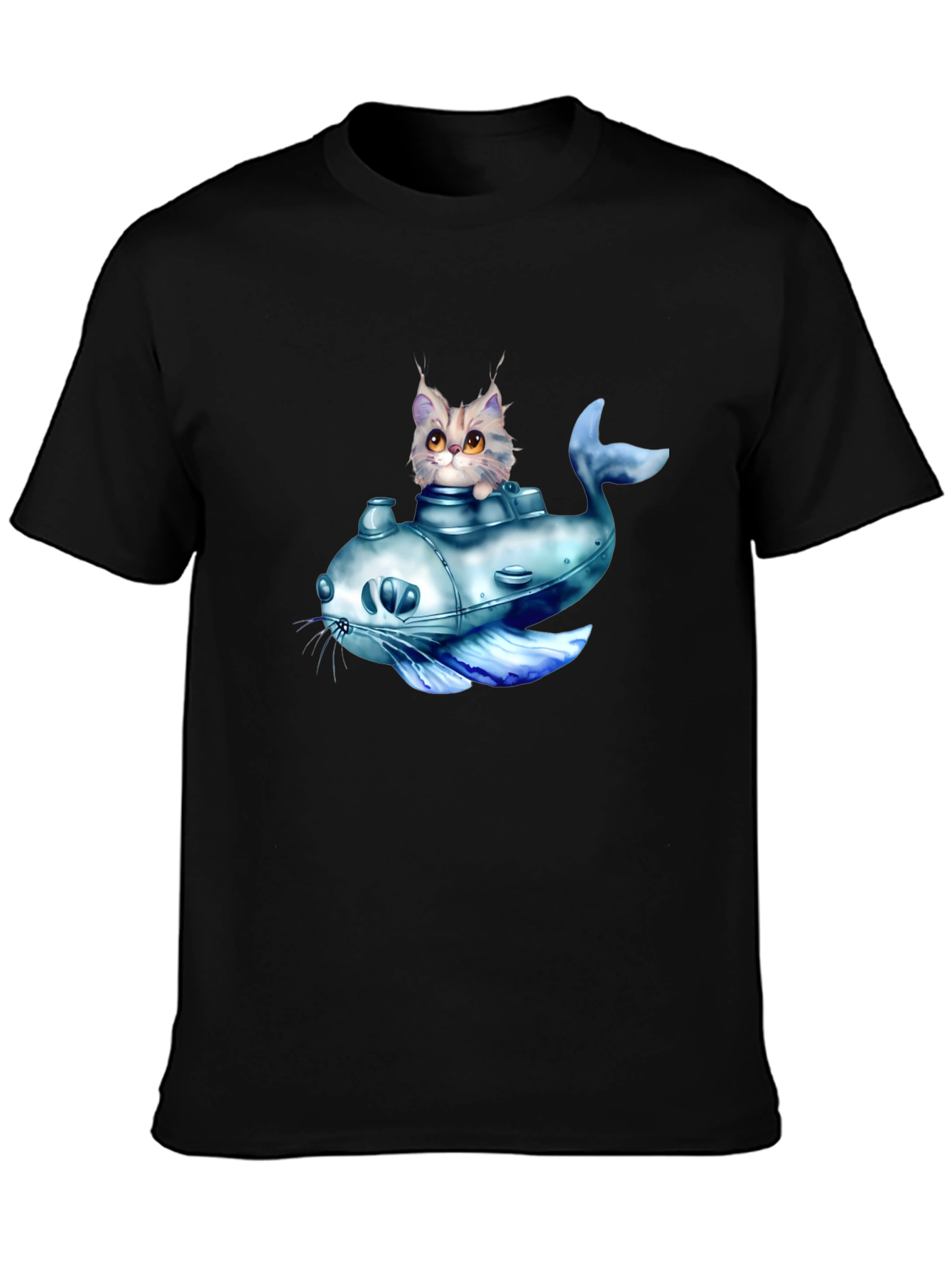 Cat Submarine Graphic T-Shirt - Black