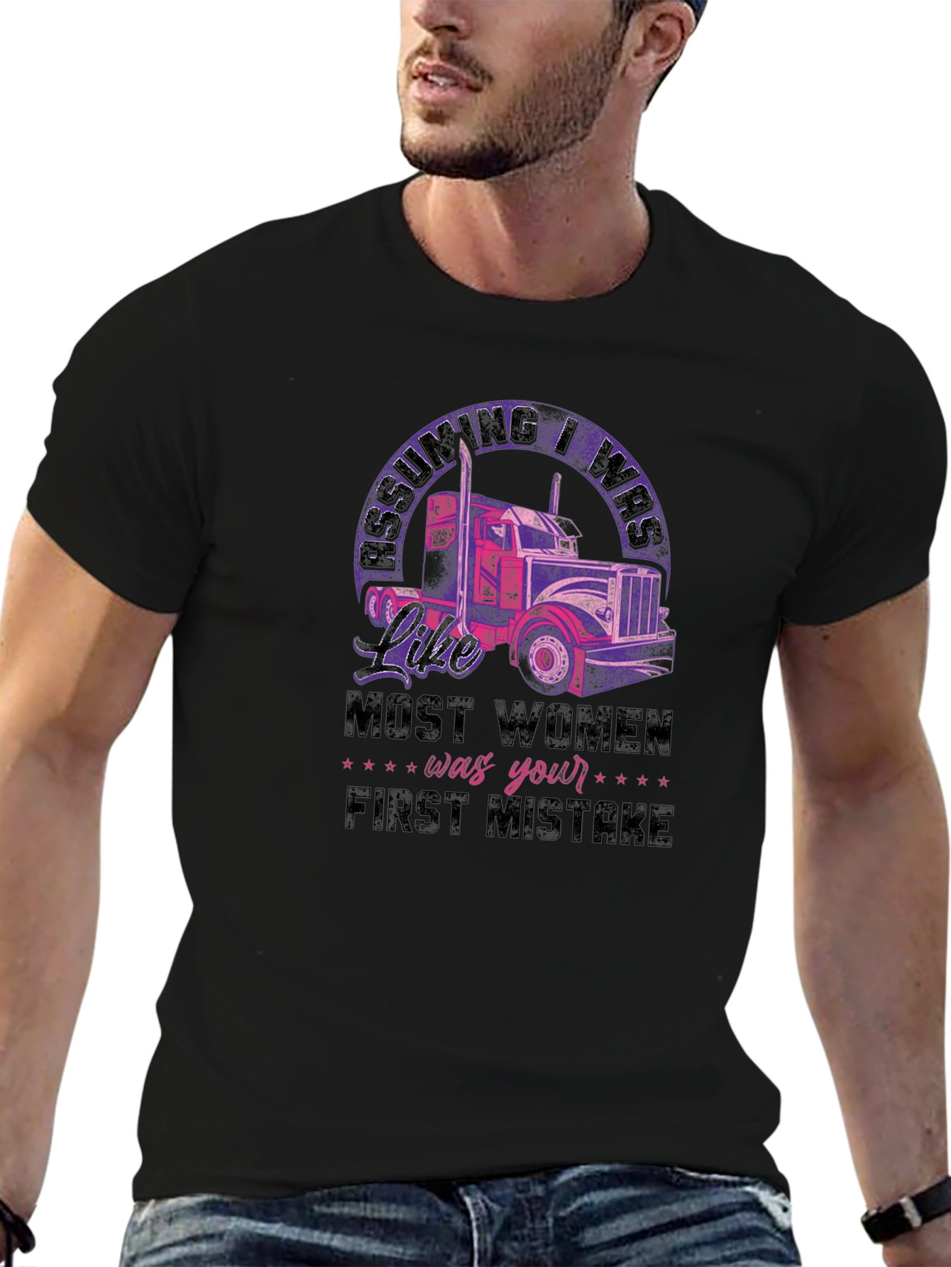 Trucker Woman Black T-Shirt First Mistake