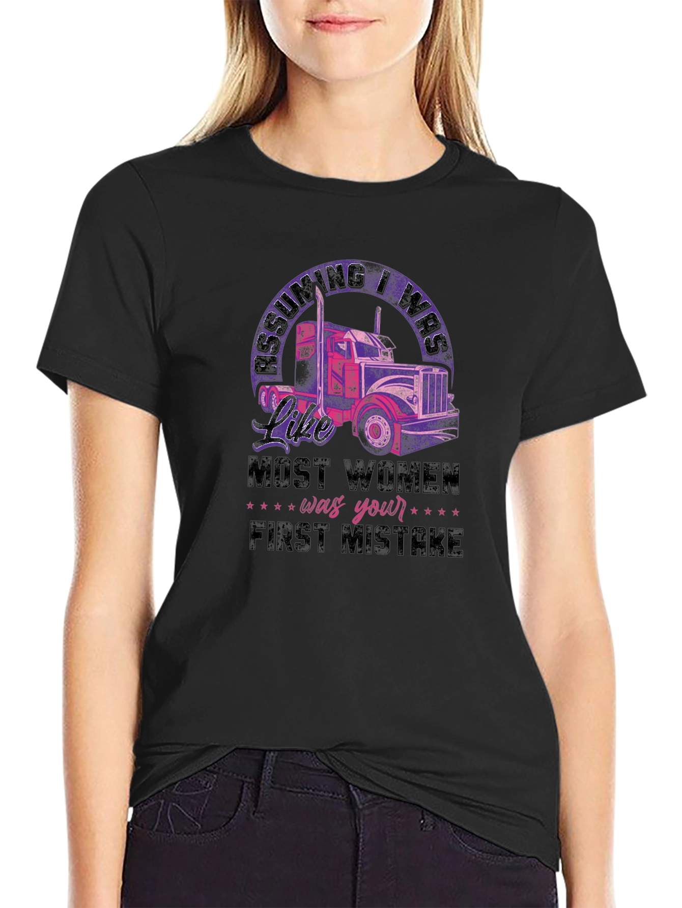 Trucker Woman Black T-Shirt First Mistake