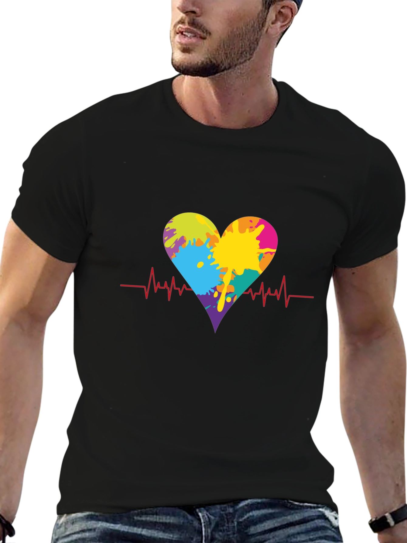 Heartbeat Paint Splatter Graphic Tee - Black