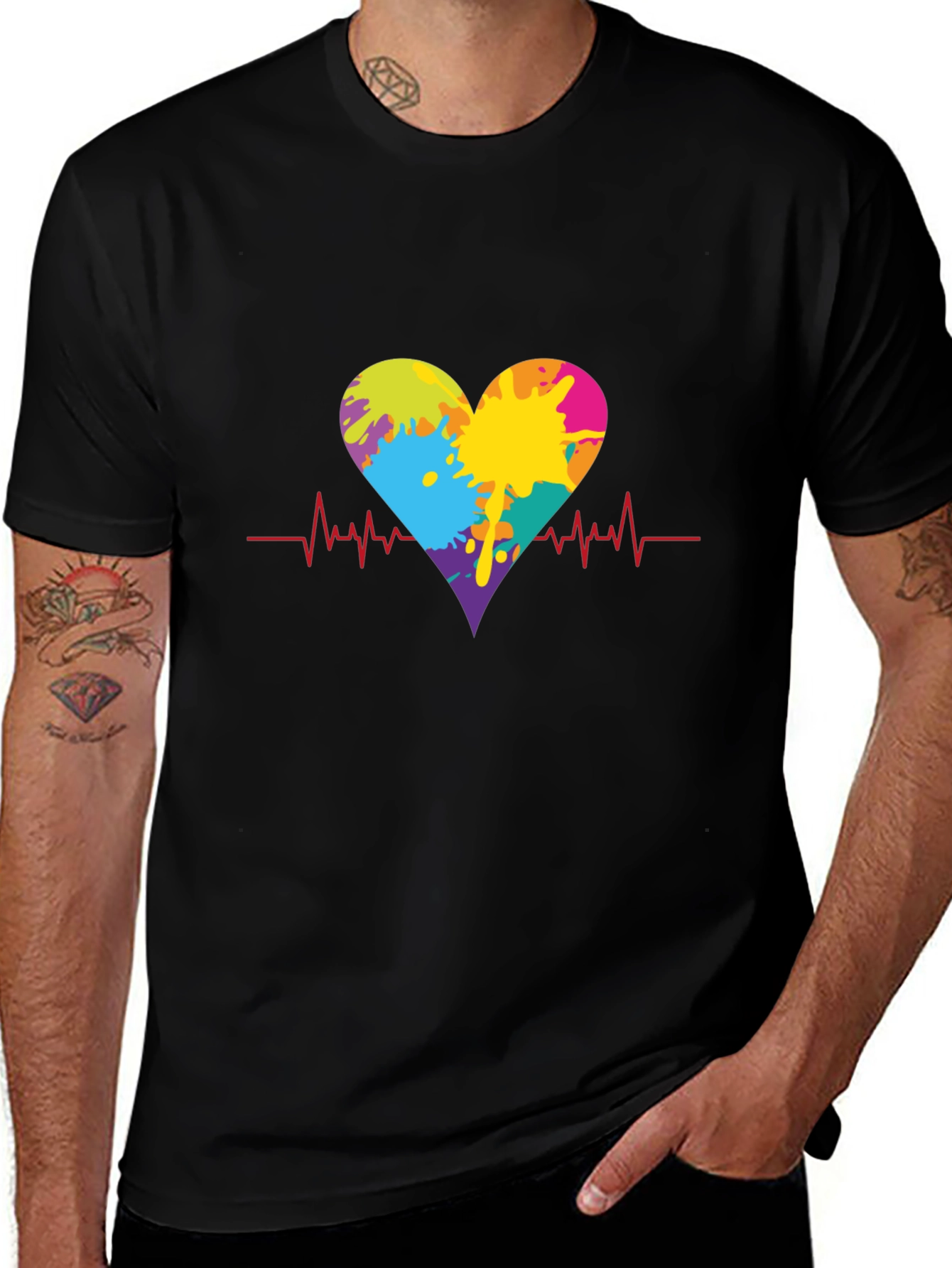 Heartbeat Paint Splatter Graphic Tee - Black