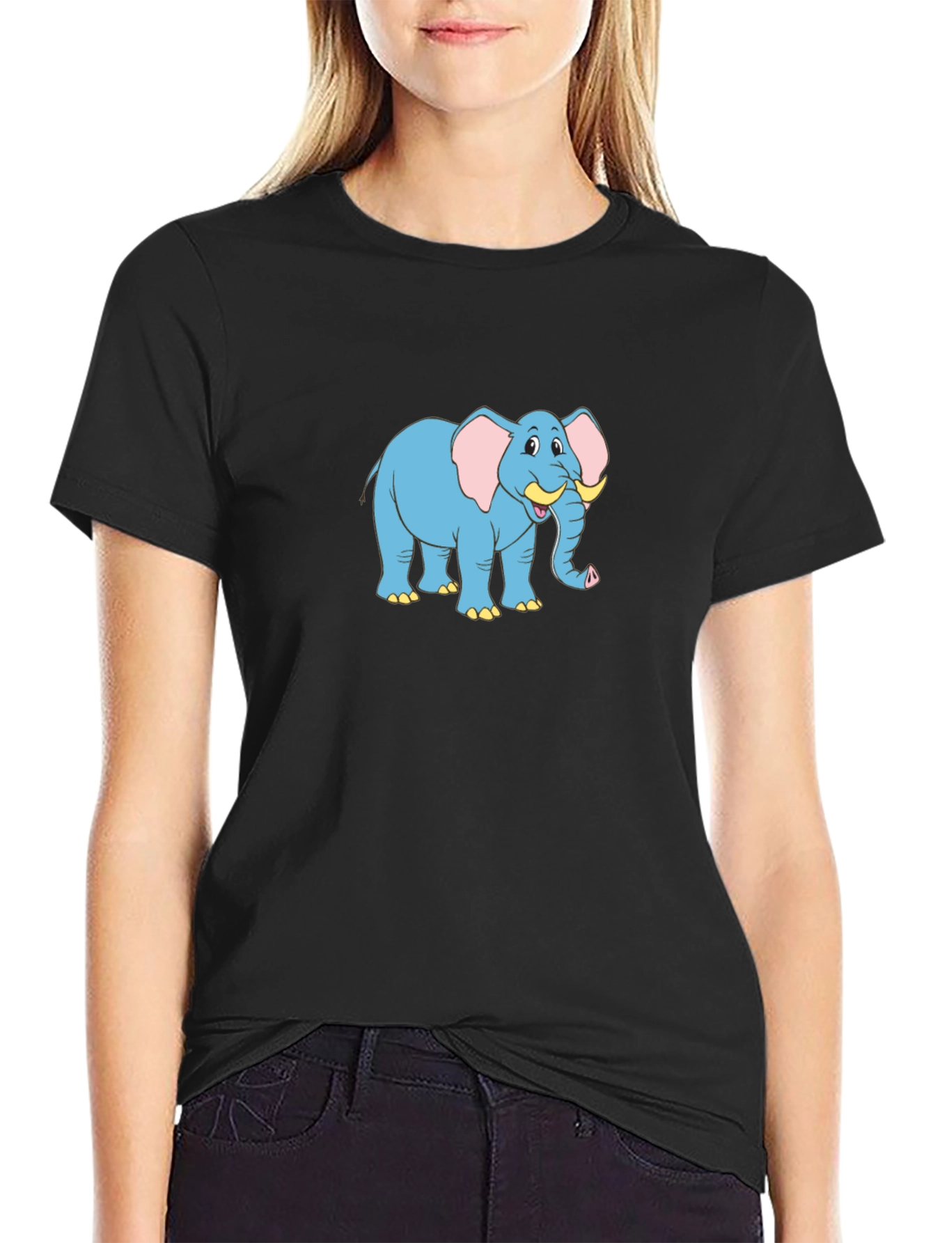 Cartoon Elephant Graphic Black T-Shirt
