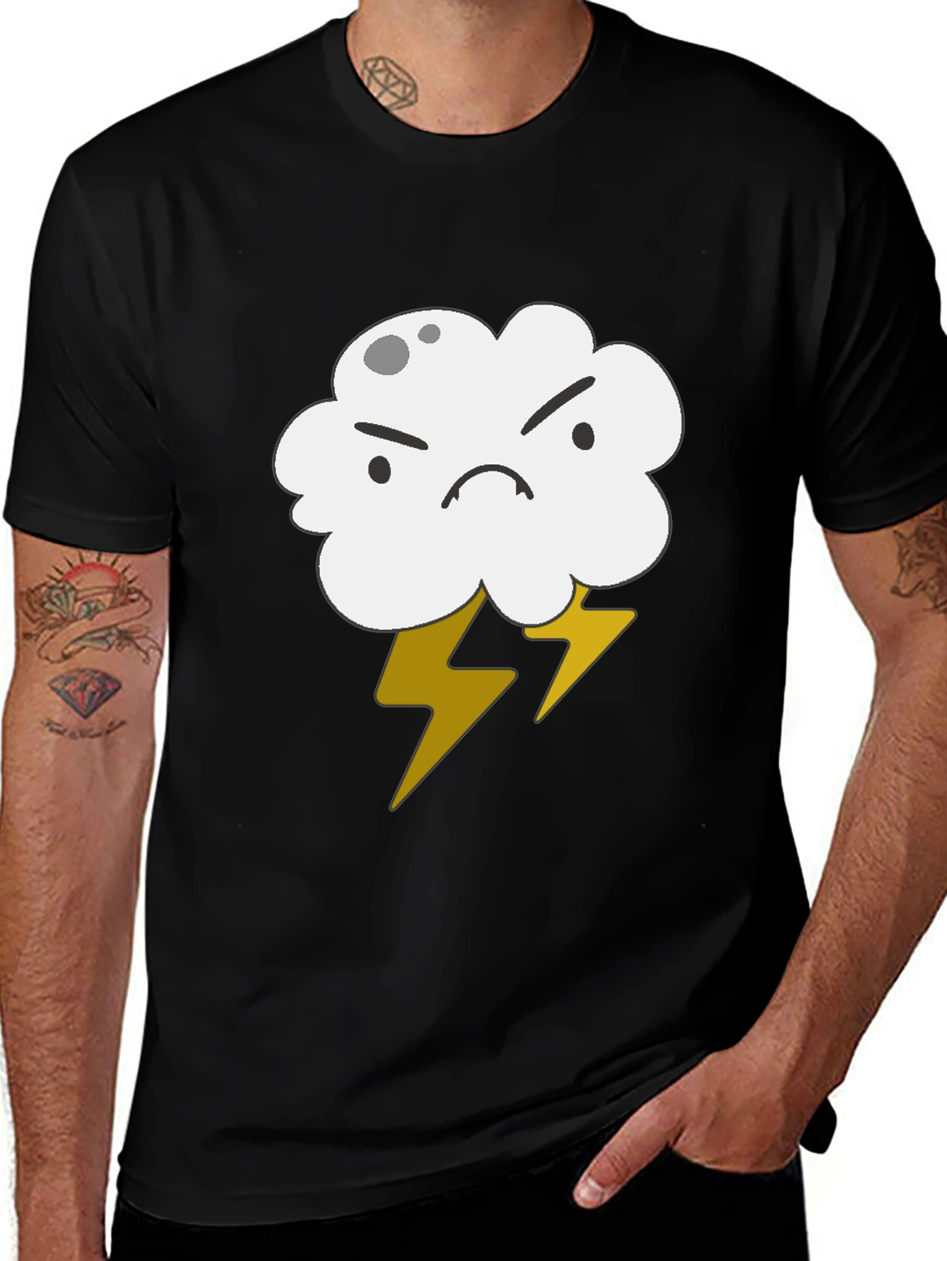 Angry Cloud Lightning Bolt Graphic Black T-Shirt