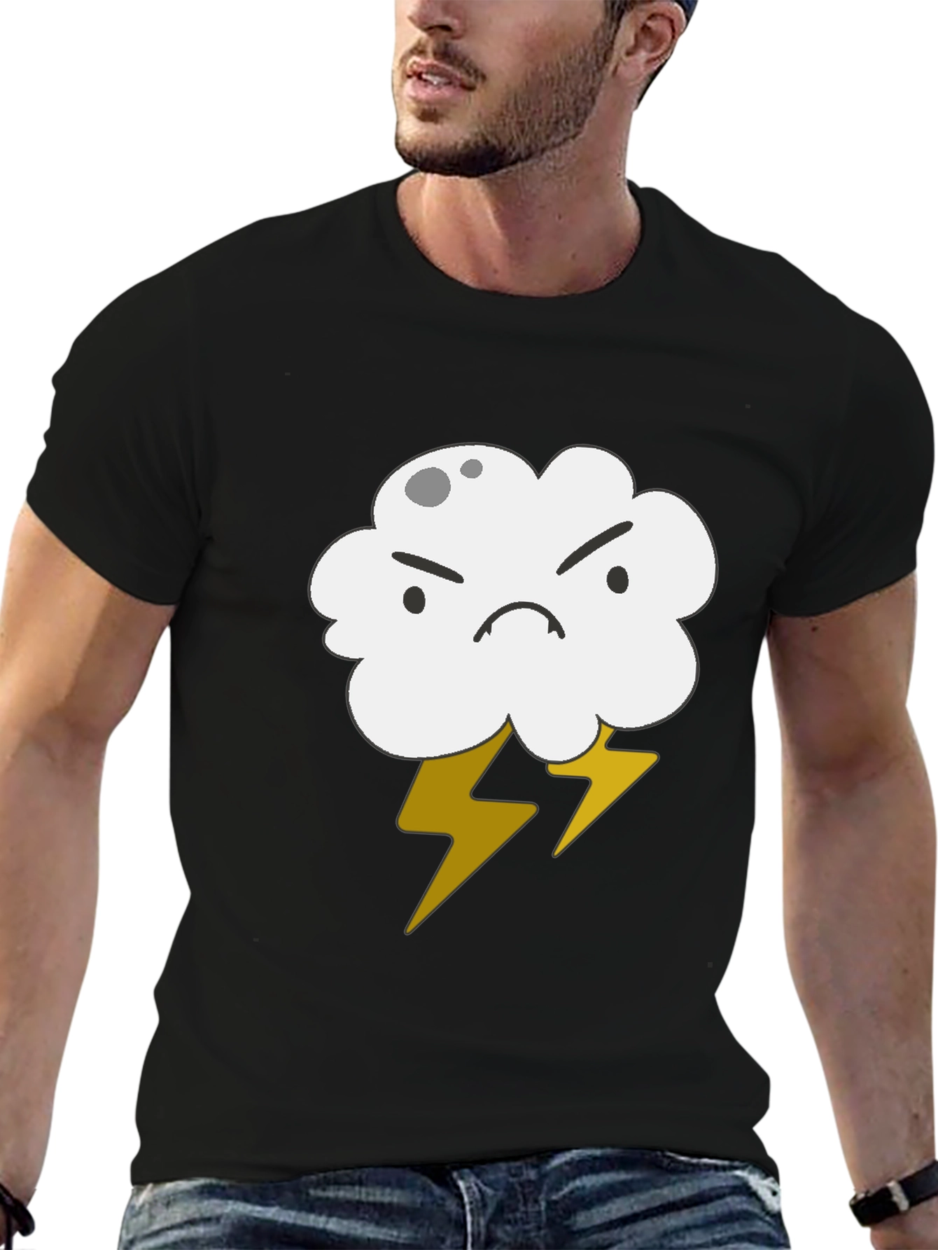 Angry Cloud Lightning Bolt Graphic Black T-Shirt
