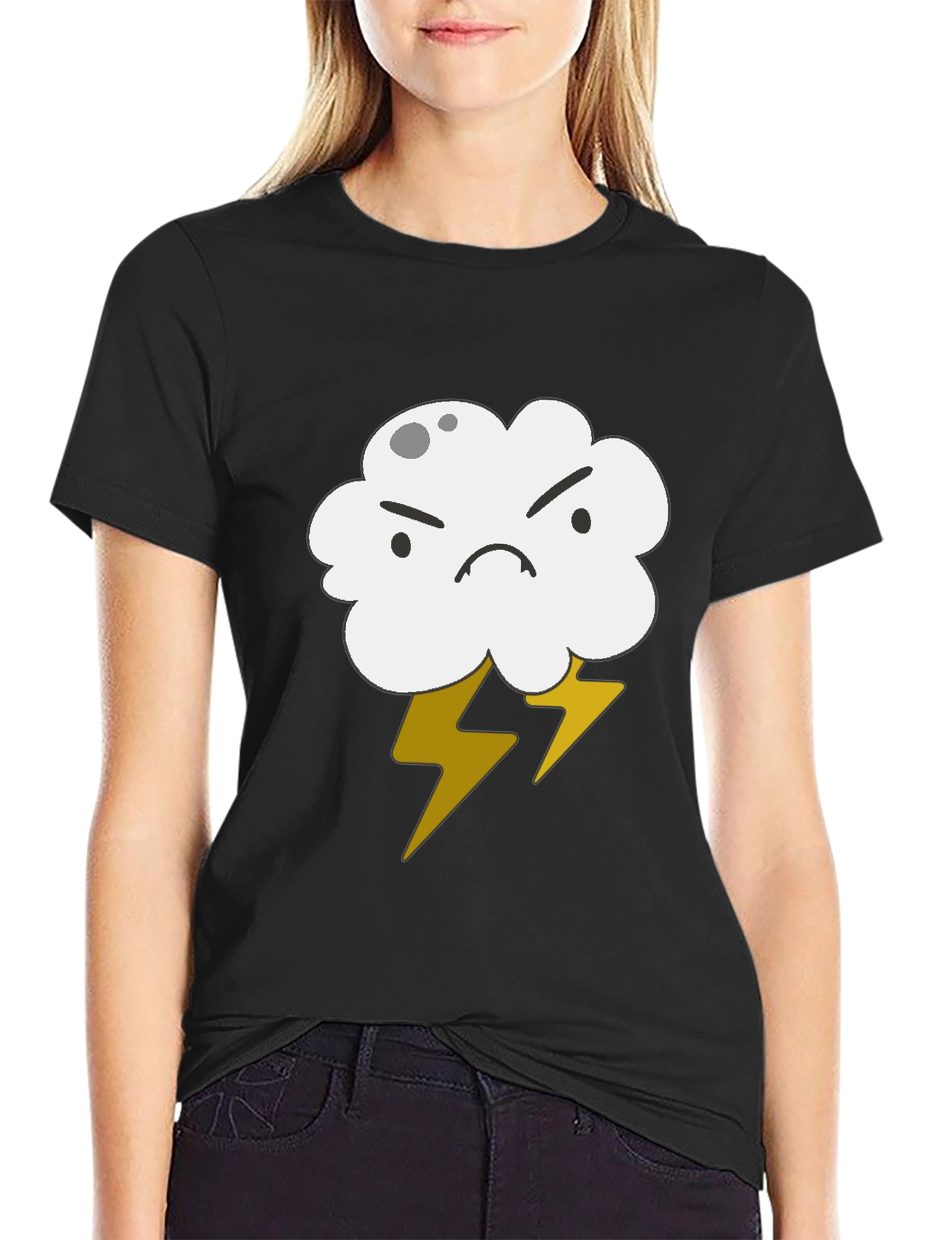 Angry Cloud Lightning Bolt Graphic Black T-Shirt