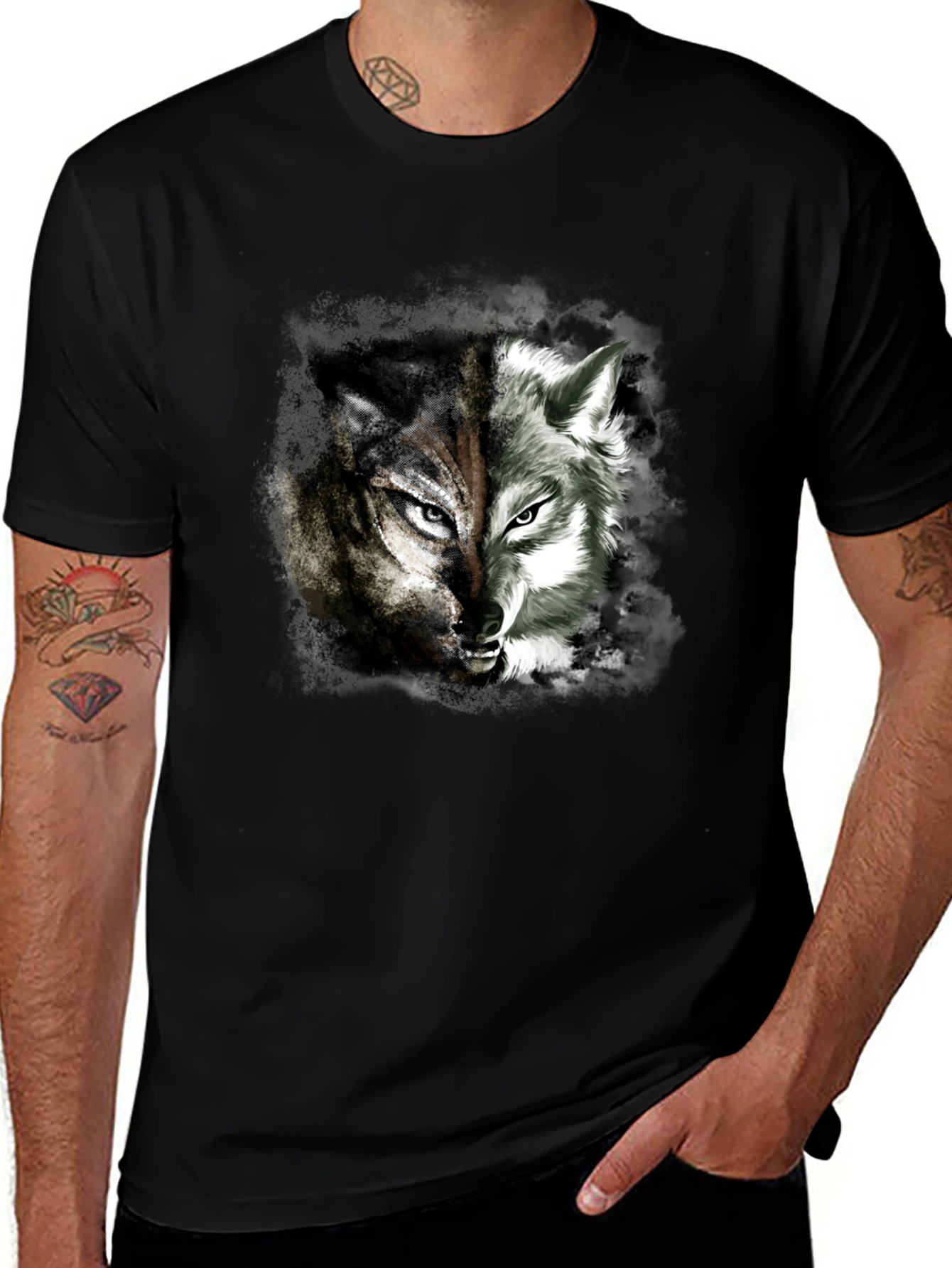 Two Face Wolf Graphic Print T-Shirt