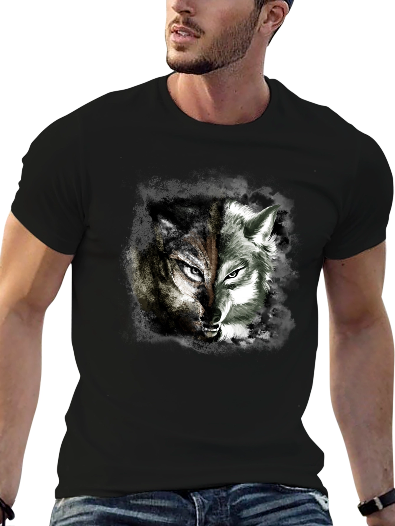 Two Face Wolf Graphic Print T-Shirt