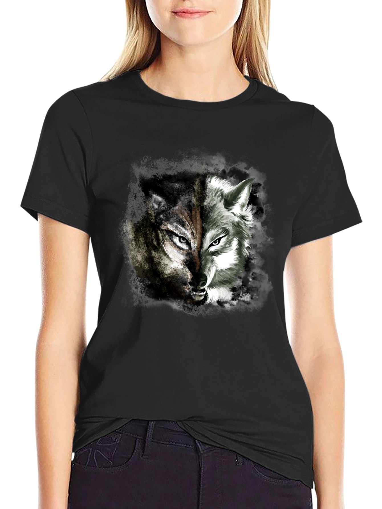 Two Face Wolf Graphic Print T-Shirt