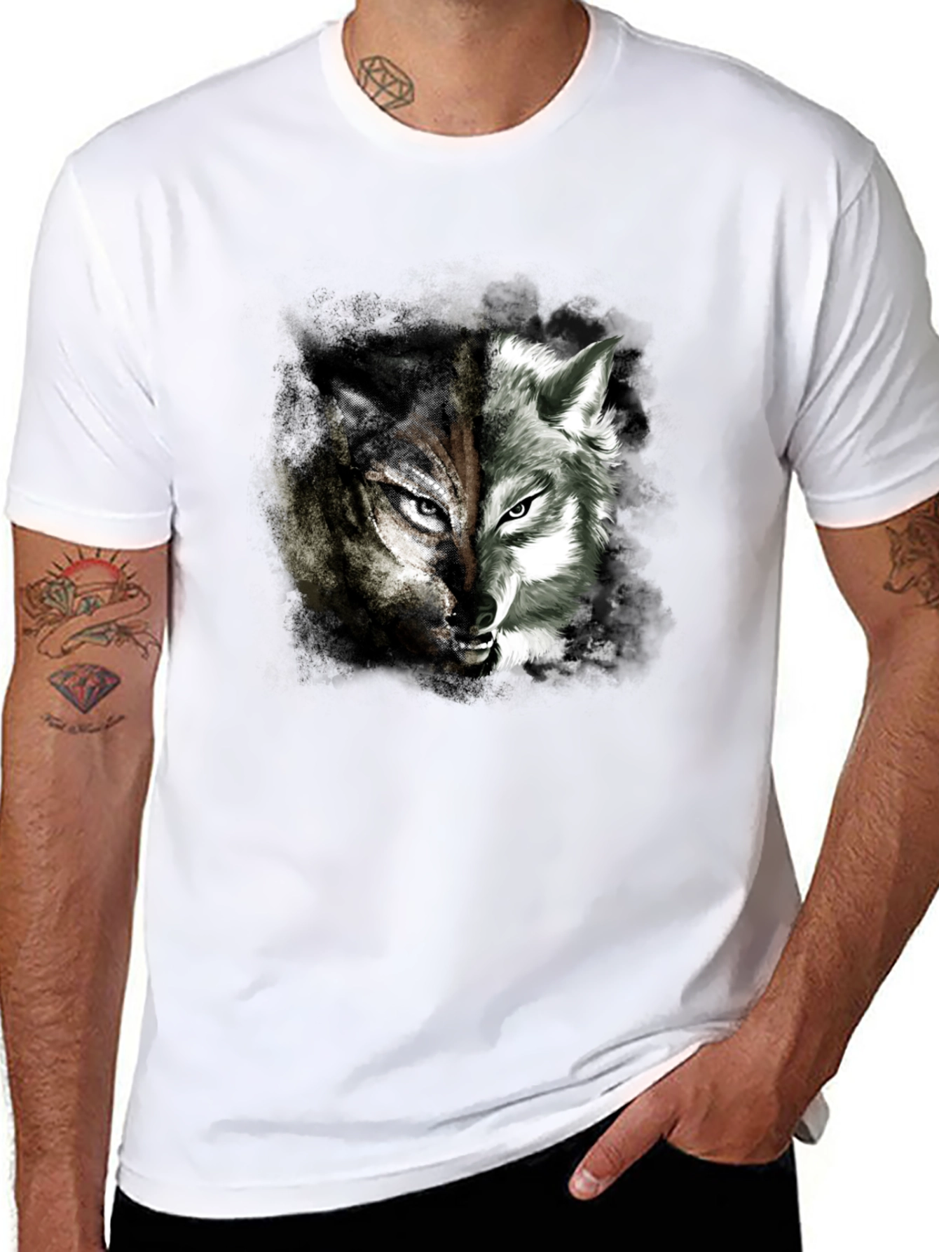 Two Face Wolf Graphic Print T-Shirt