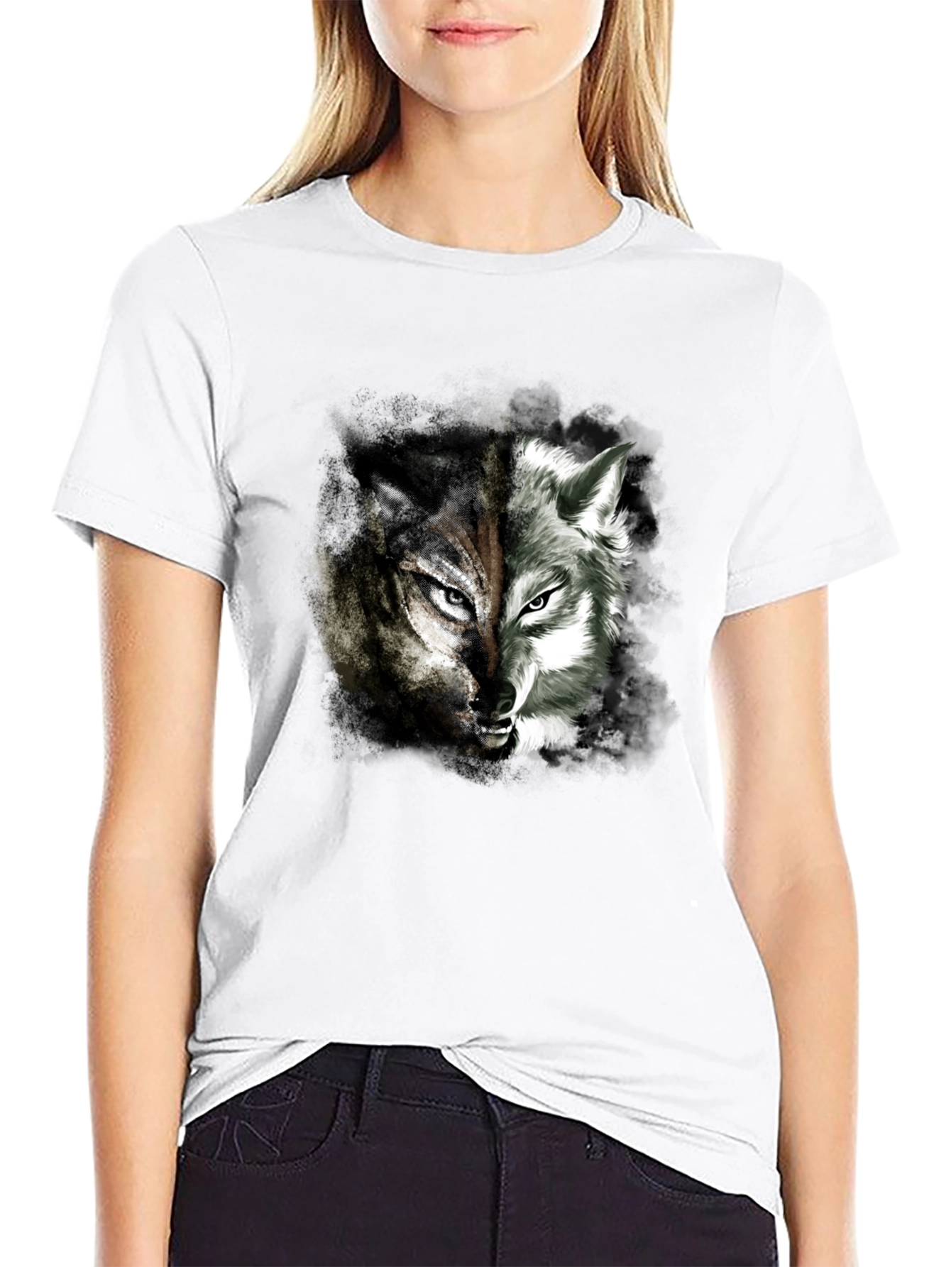 Two Face Wolf Graphic Print T-Shirt