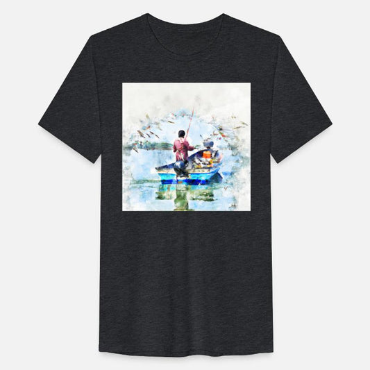 Woman fishing from boat with many birds (AI Art)