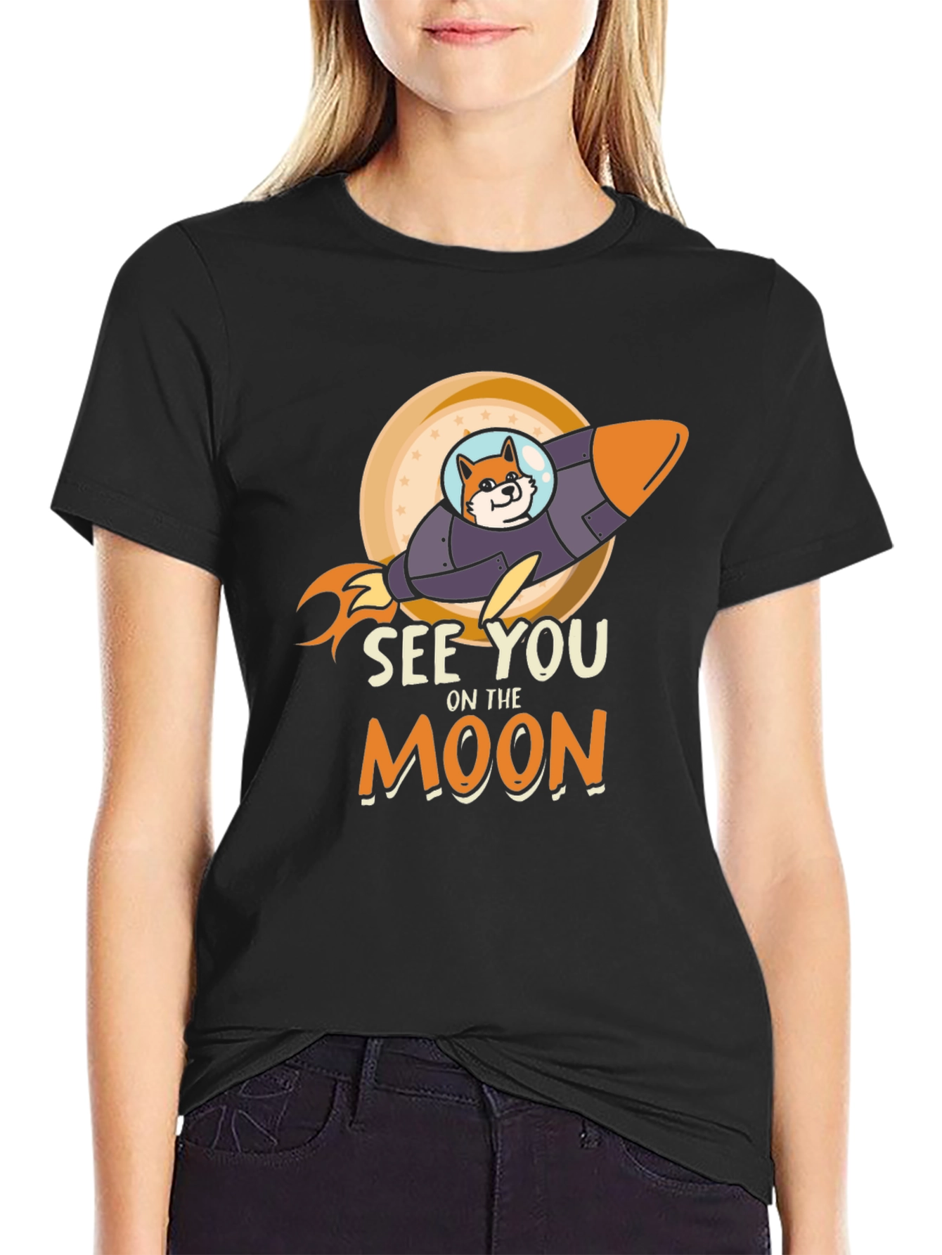 See You On The Moon Shiba Rocket Black T-Shirt