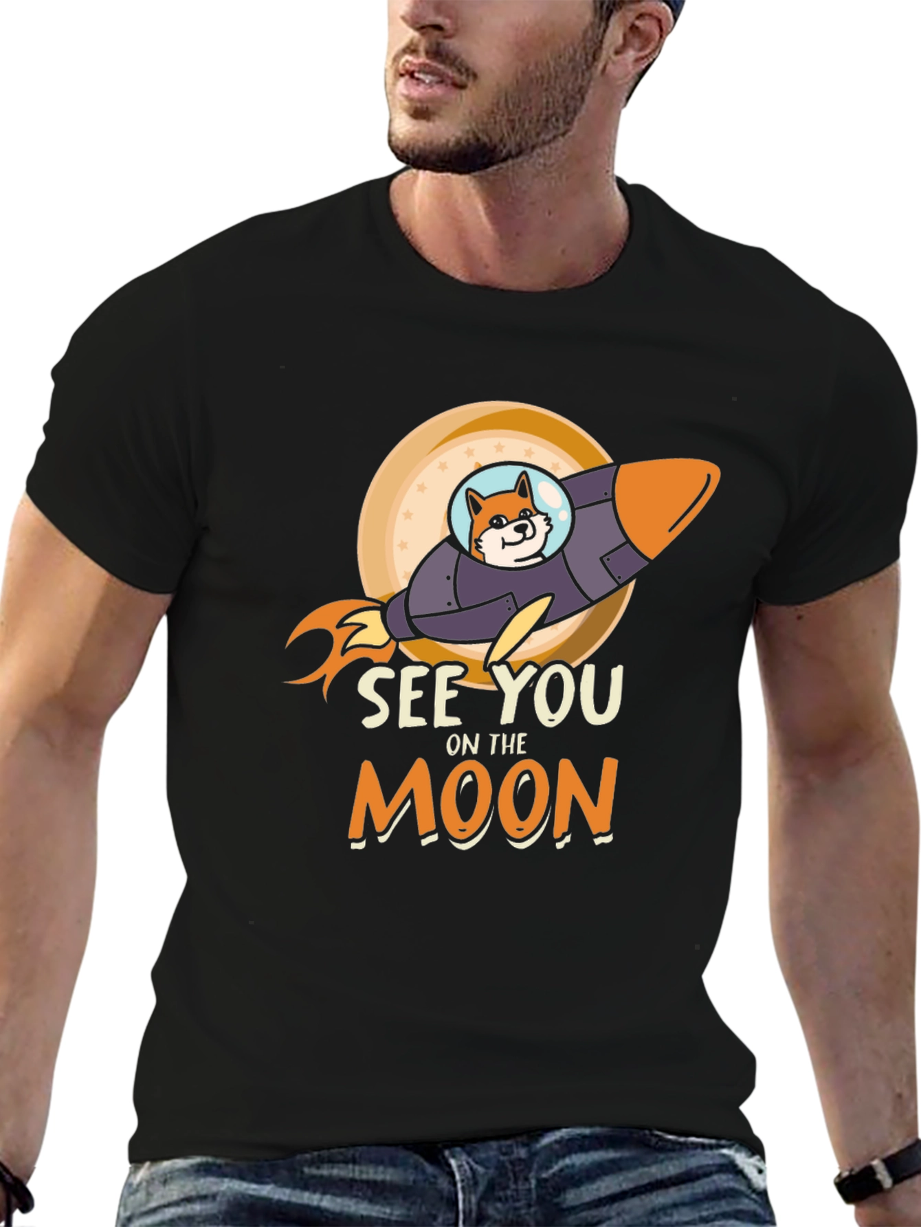 See You On The Moon Shiba Rocket Black T-Shirt