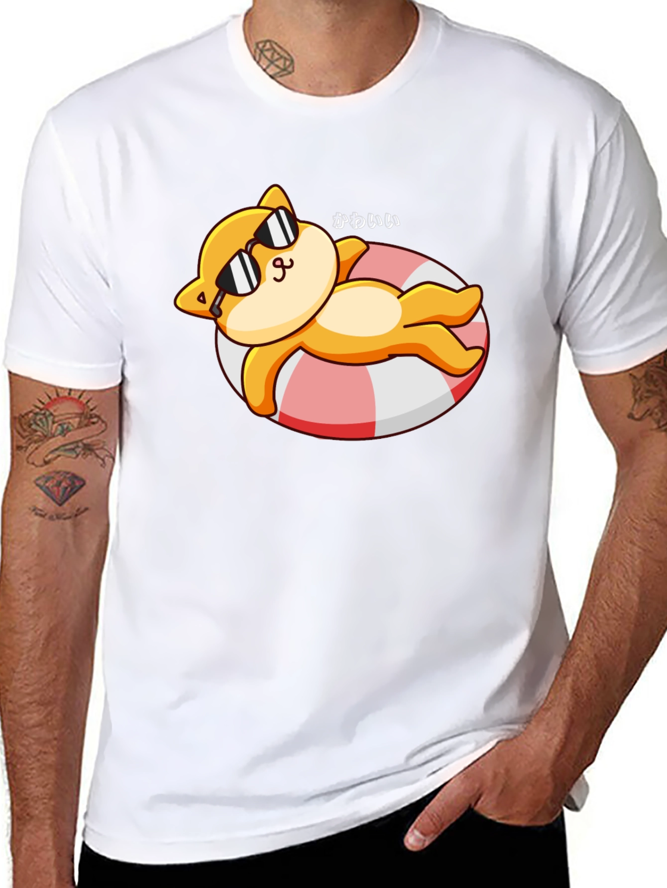 Cute Cat on Floatie Graphic T-Shirt - Black