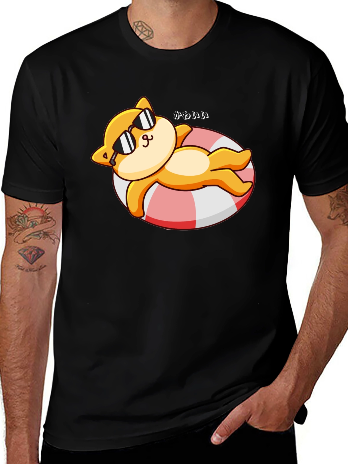 Cute Cat on Floatie Graphic T-Shirt - Black