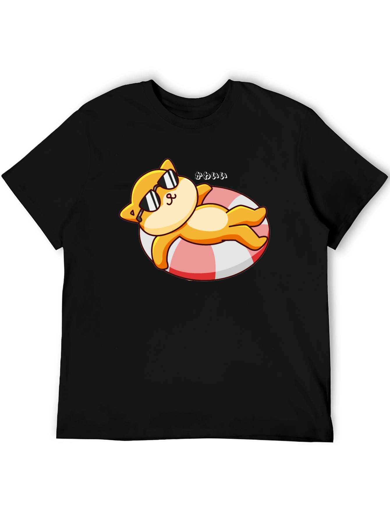 Cute Cat on Floatie Graphic T-Shirt - Black