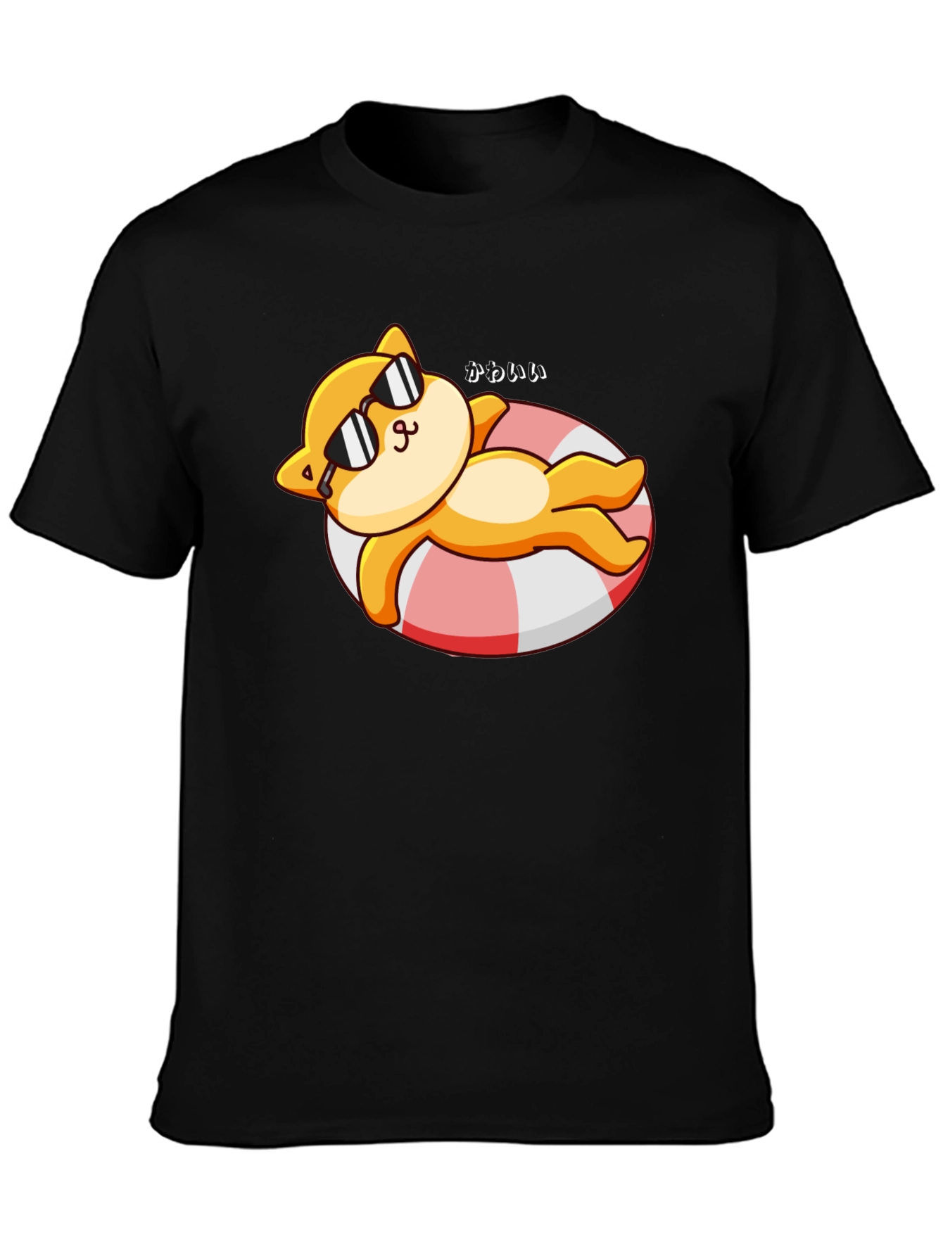 Cute Cat on Floatie Graphic T-Shirt - Black