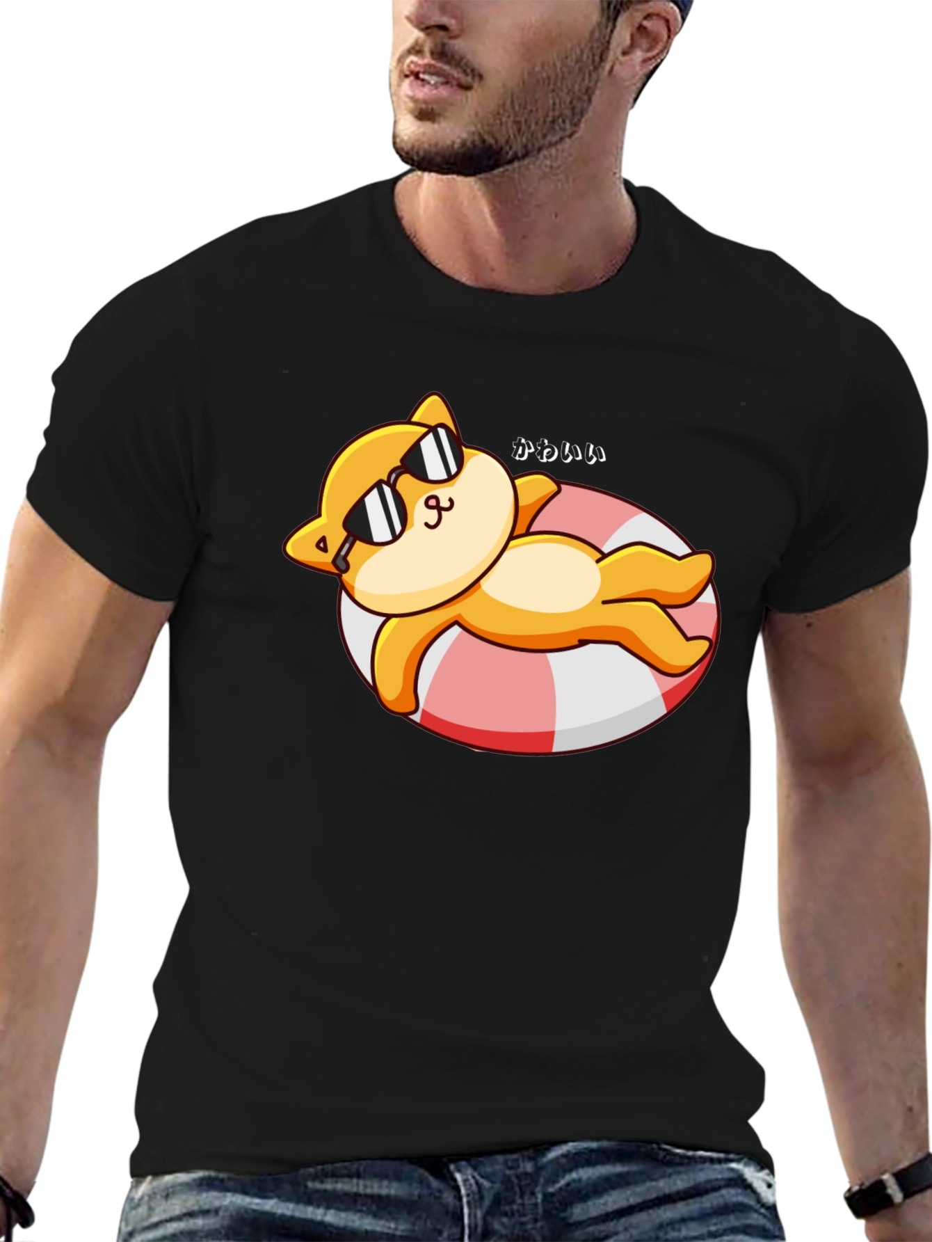 Cute Cat on Floatie Graphic T-Shirt - Black