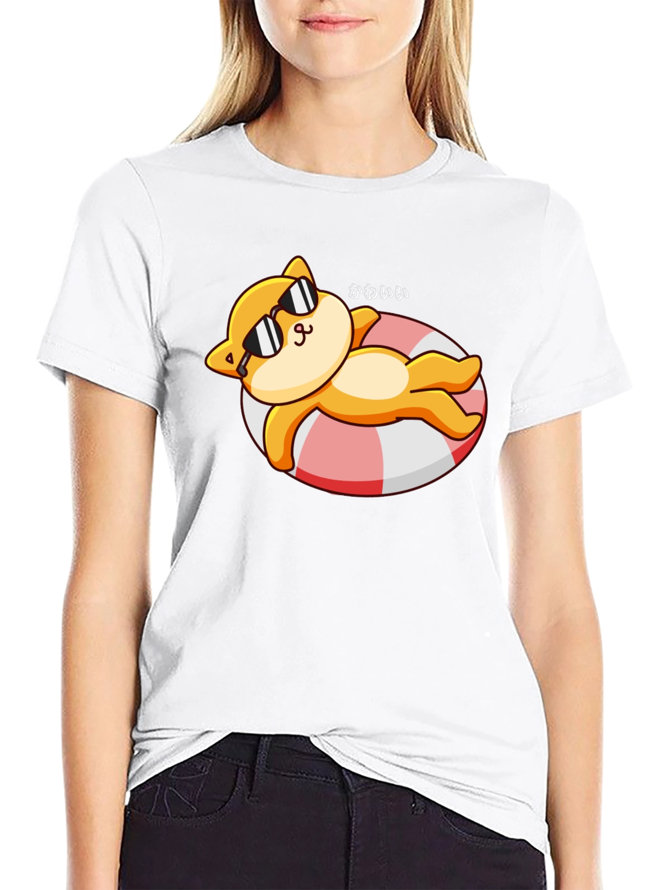 Cute Cat on Floatie Graphic T-Shirt - Black