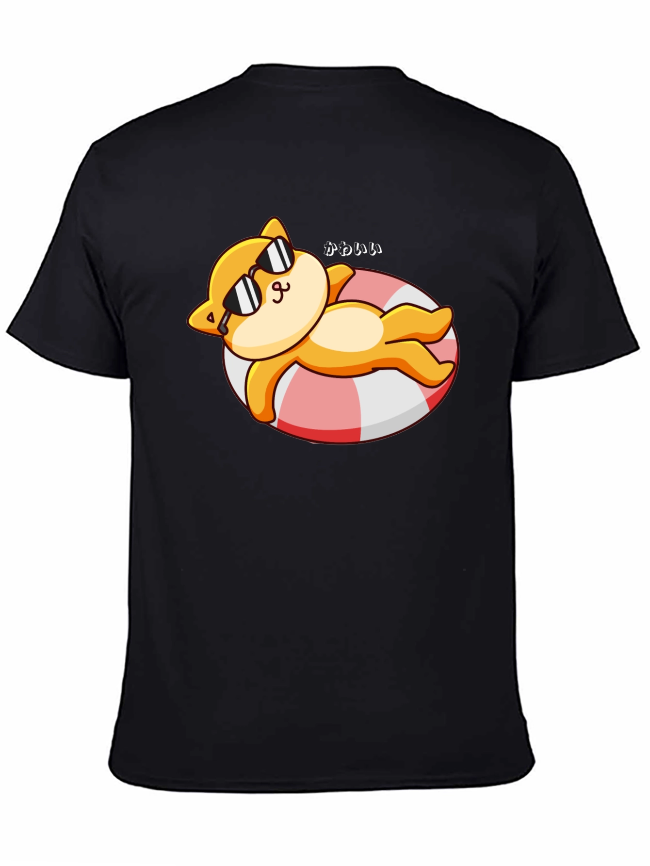 Cute Cat on Floatie Graphic T-Shirt - Black