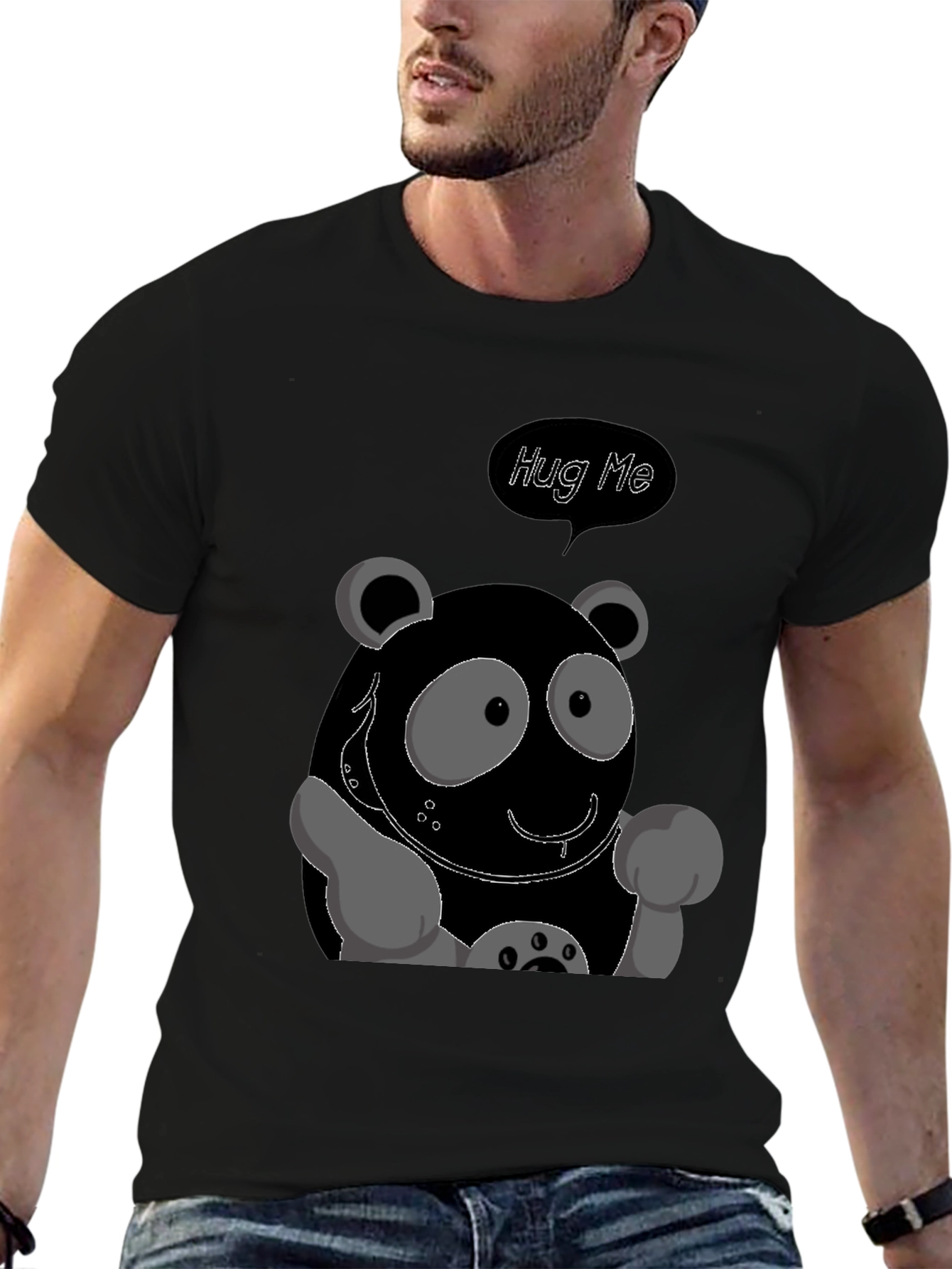Cute Cartoon Panda Hug Me Graphic Tee - Black