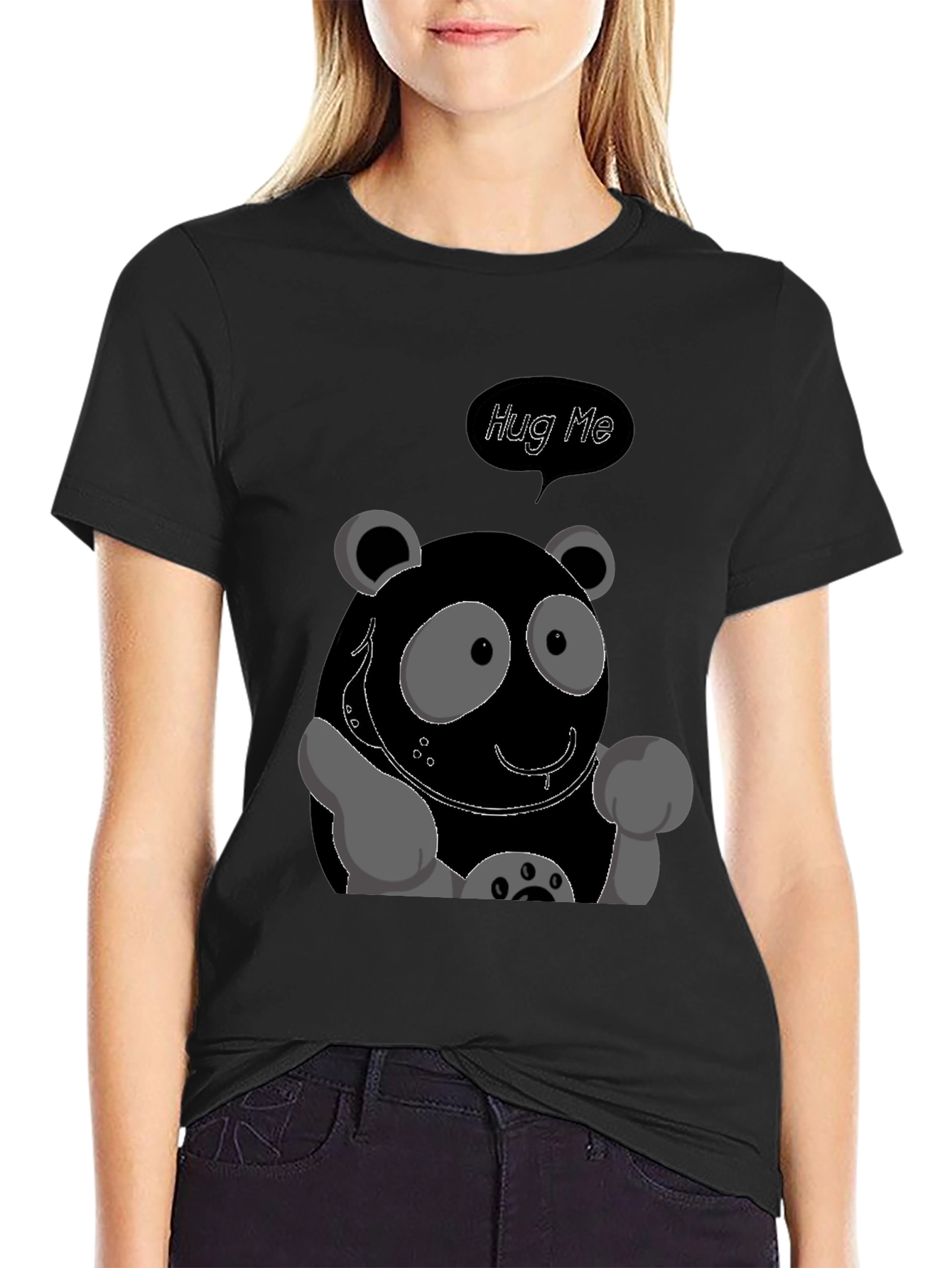 Cute Cartoon Panda Hug Me Graphic Tee - Black