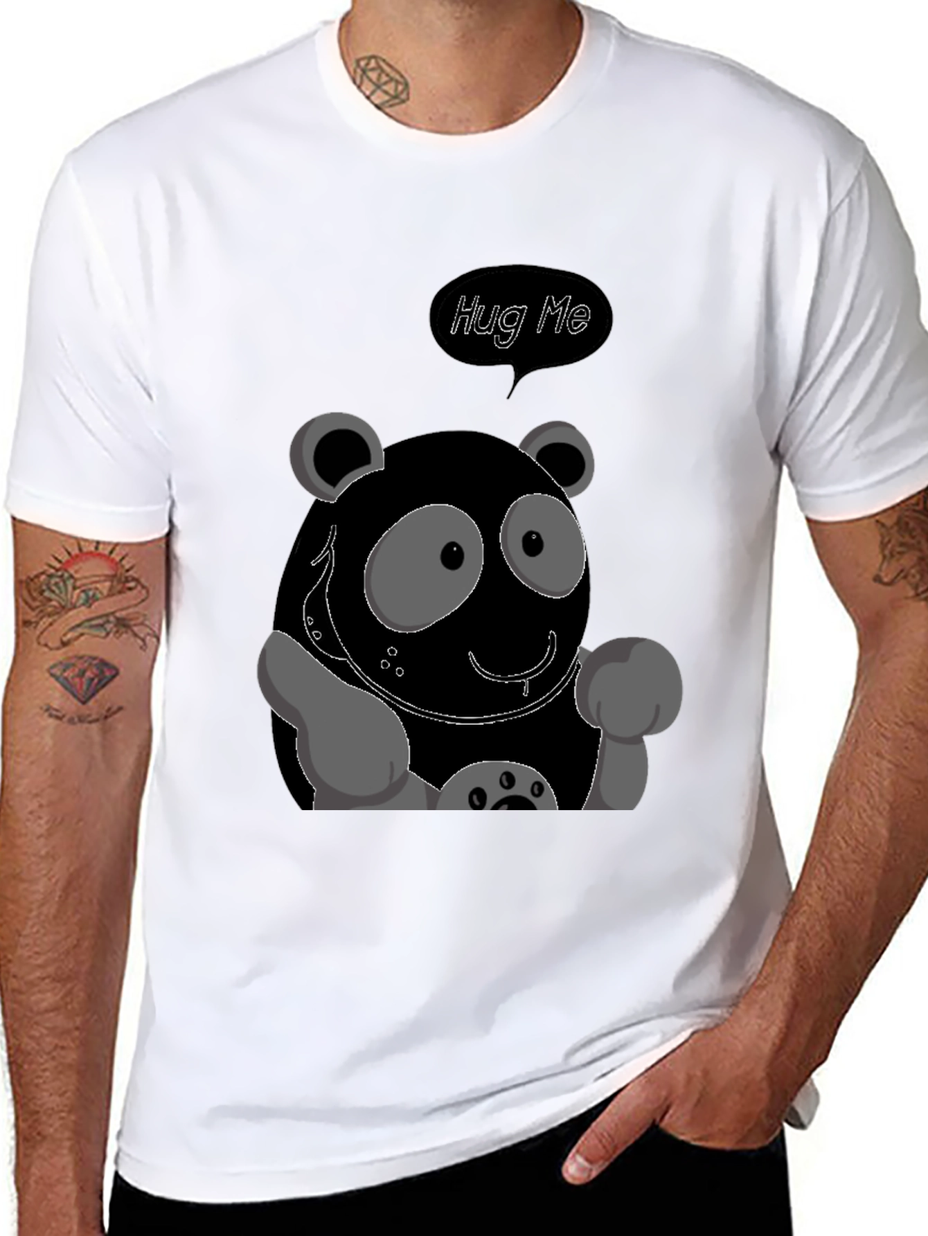 Cute Cartoon Panda Hug Me Graphic Tee - Black
