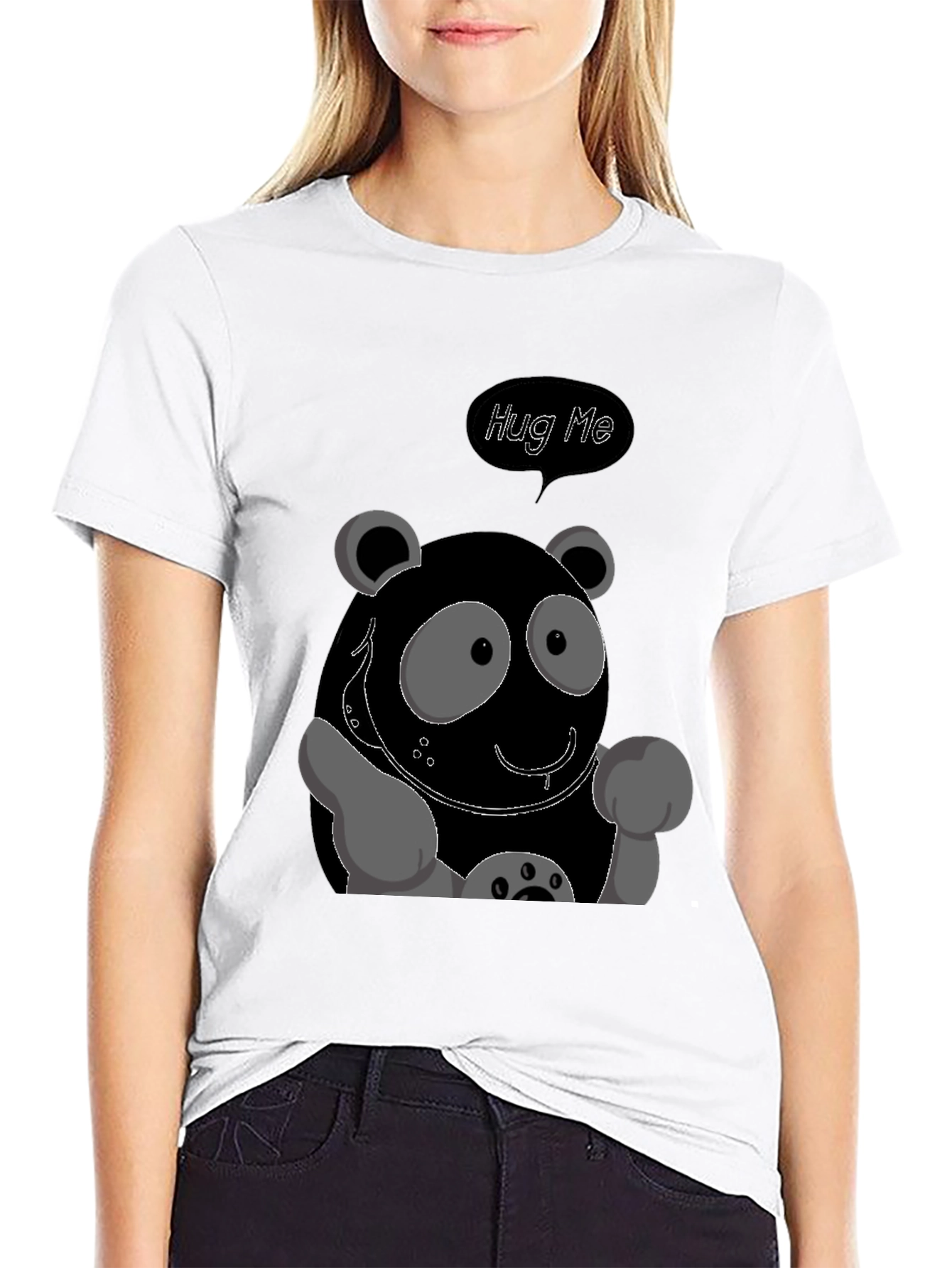 Cute Cartoon Panda Hug Me Graphic Tee - Black