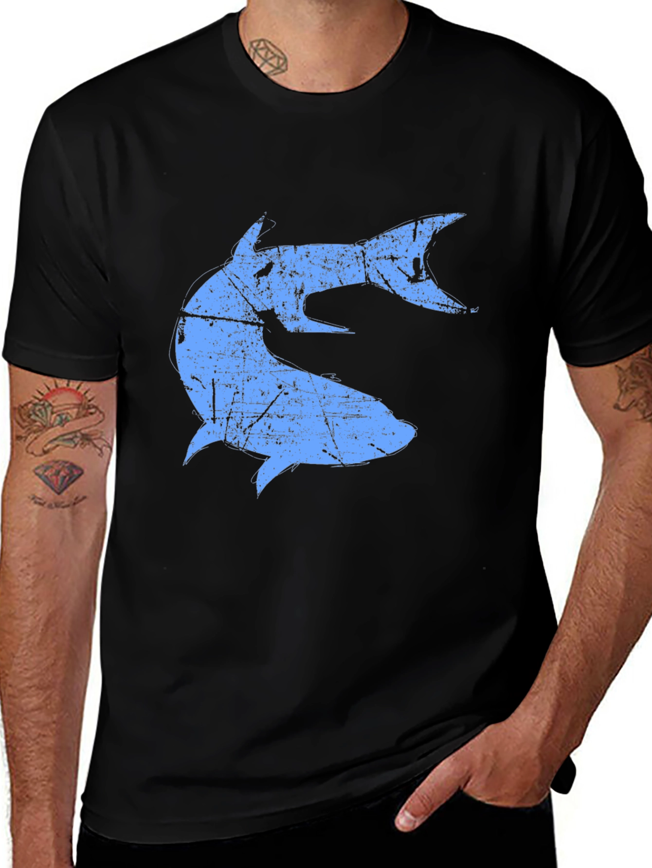 Distressed Blue Shark Graphic Black T-Shirt