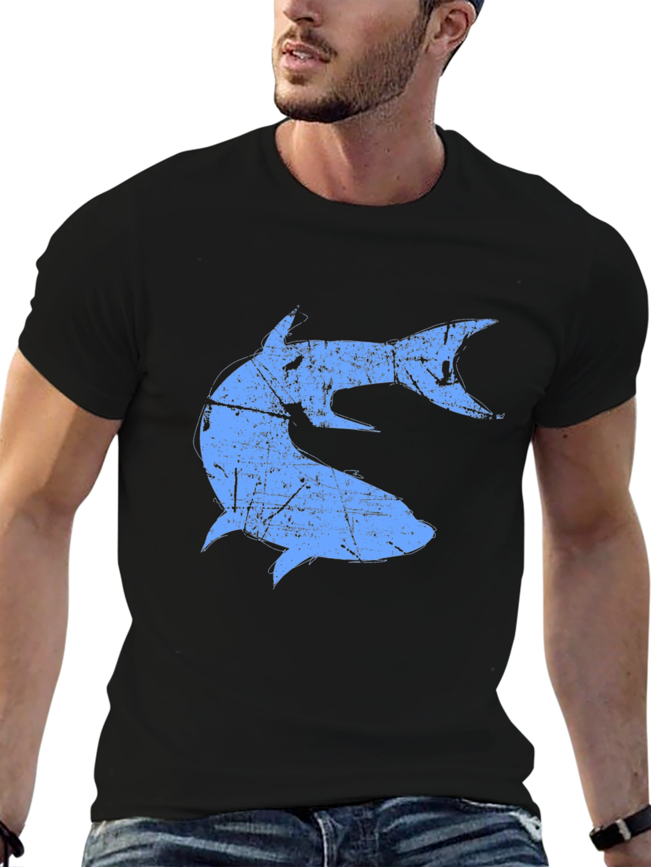 Distressed Blue Shark Graphic Black T-Shirt
