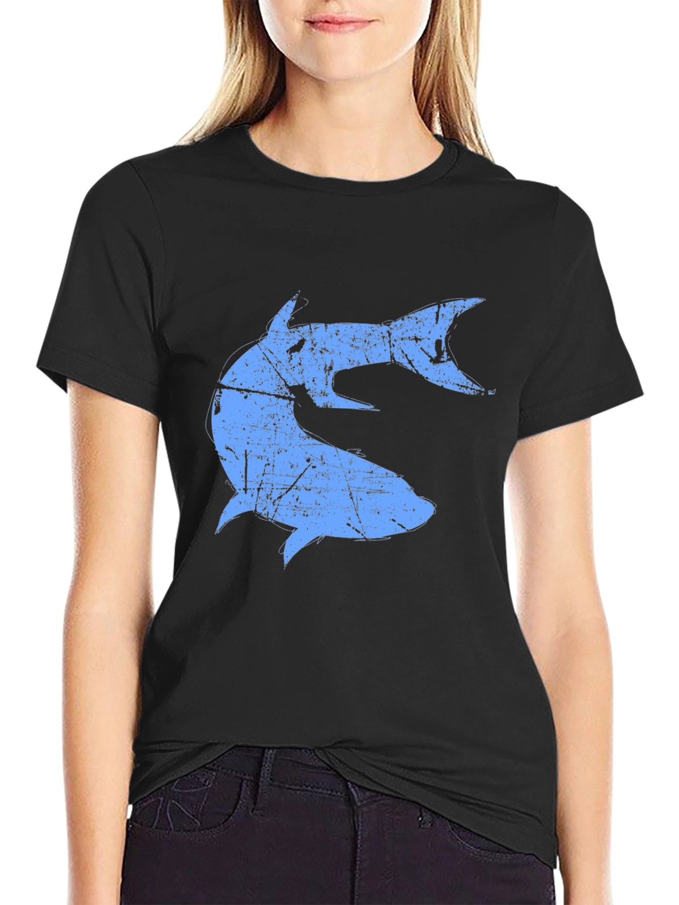 Distressed Blue Shark Graphic Black T-Shirt