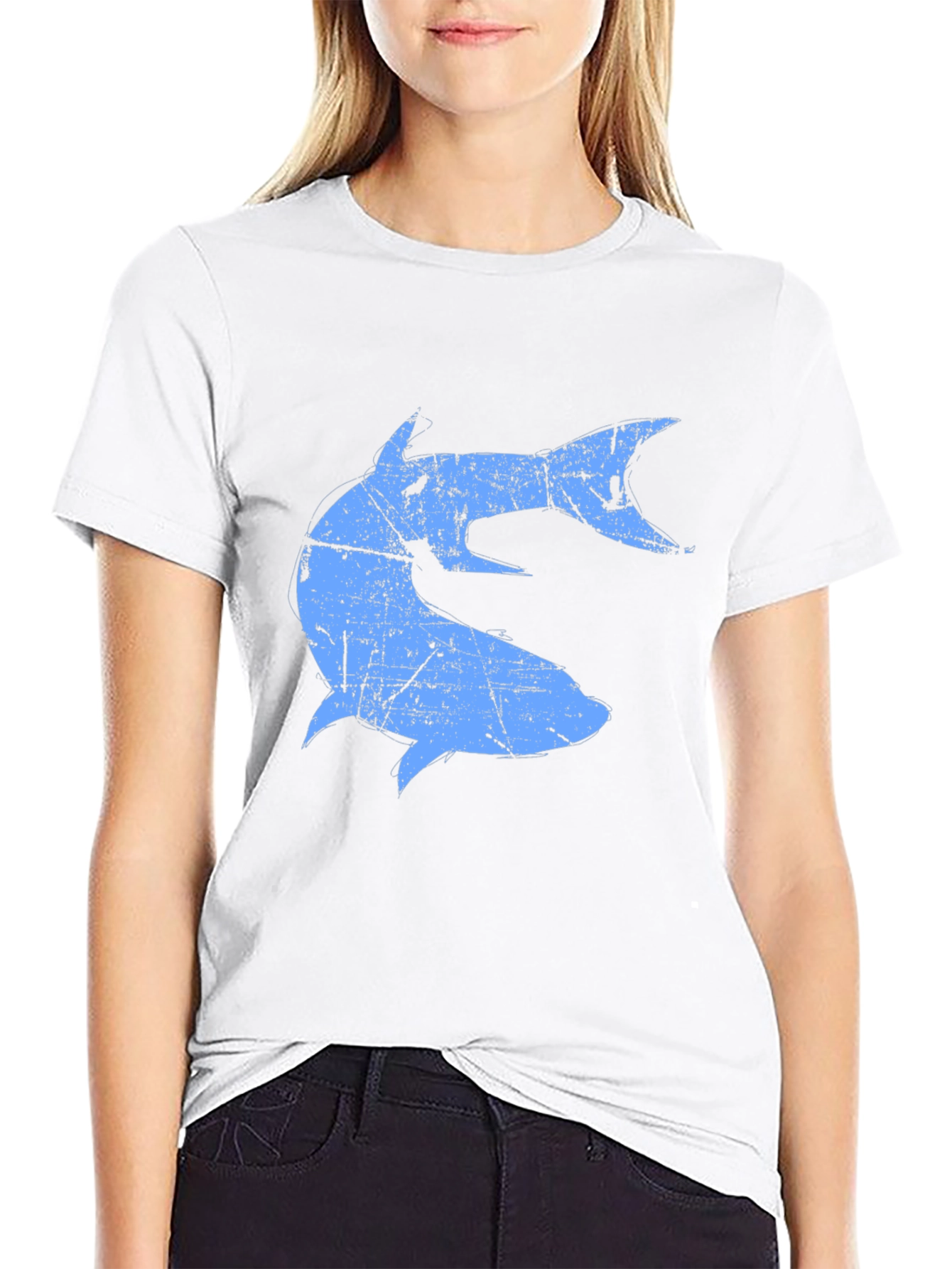Distressed Blue Shark Graphic Black T-Shirt