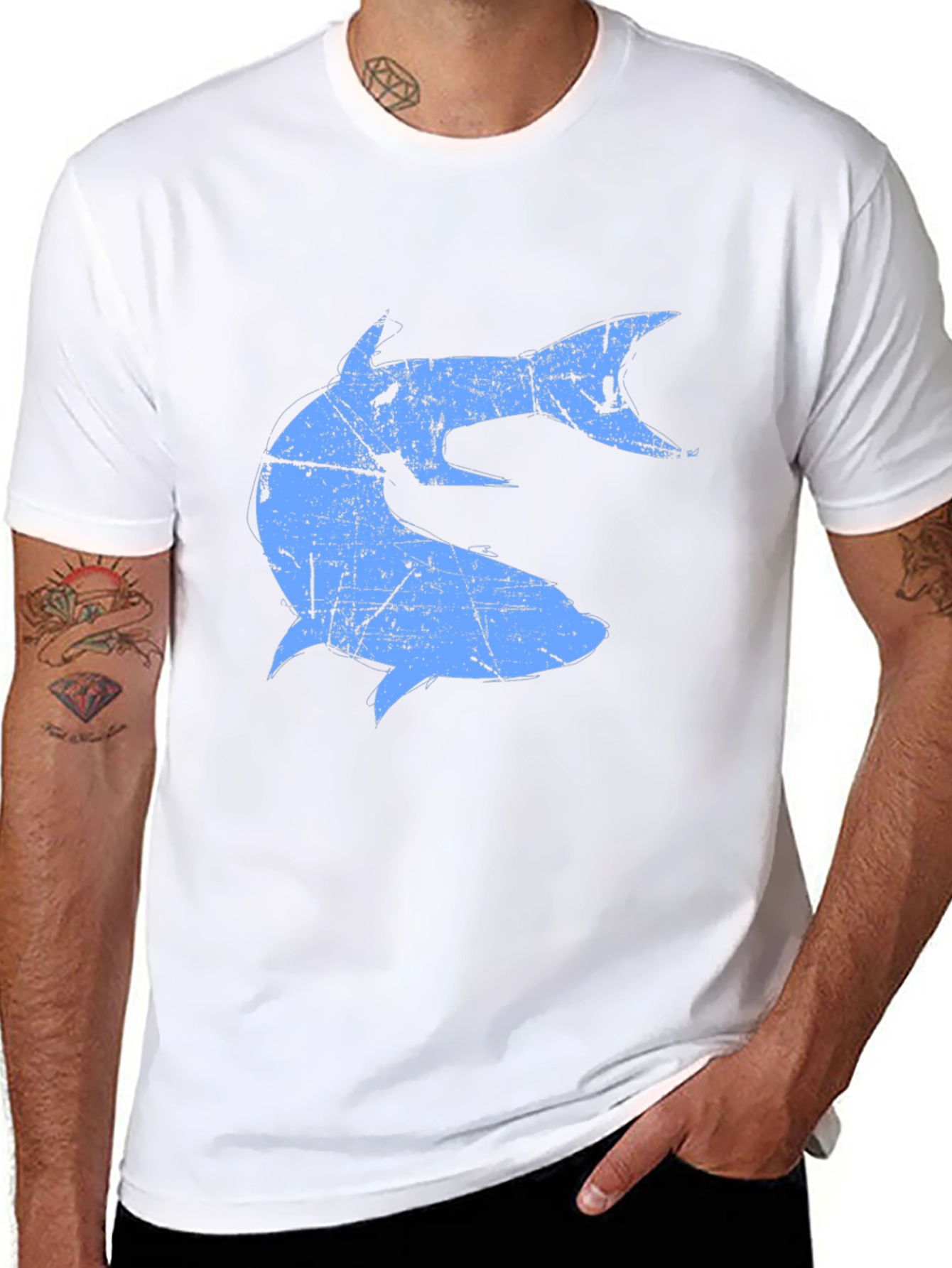 Distressed Blue Shark Graphic Black T-Shirt
