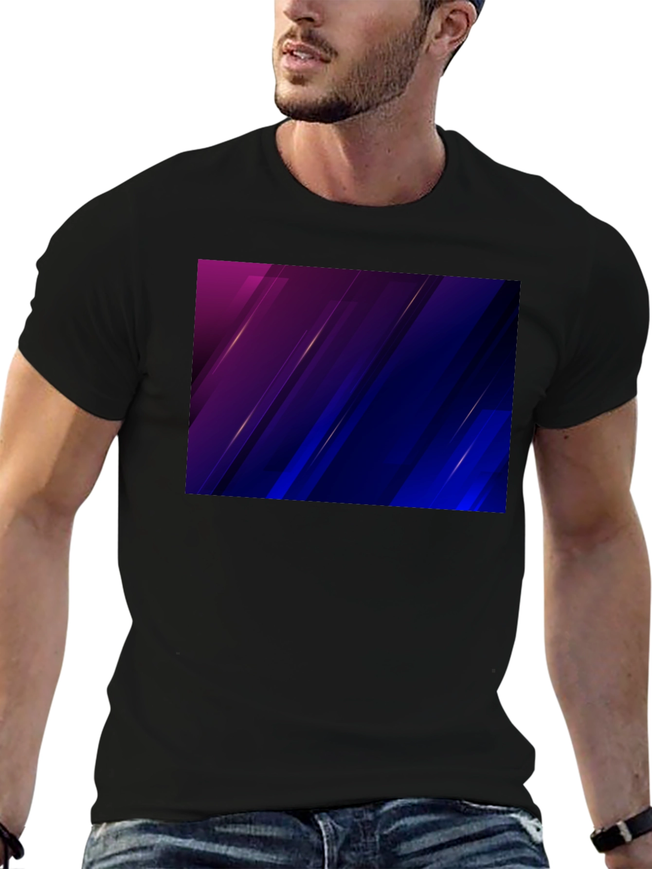 Stylish Black Tee with Abstract Purple & Blue Design