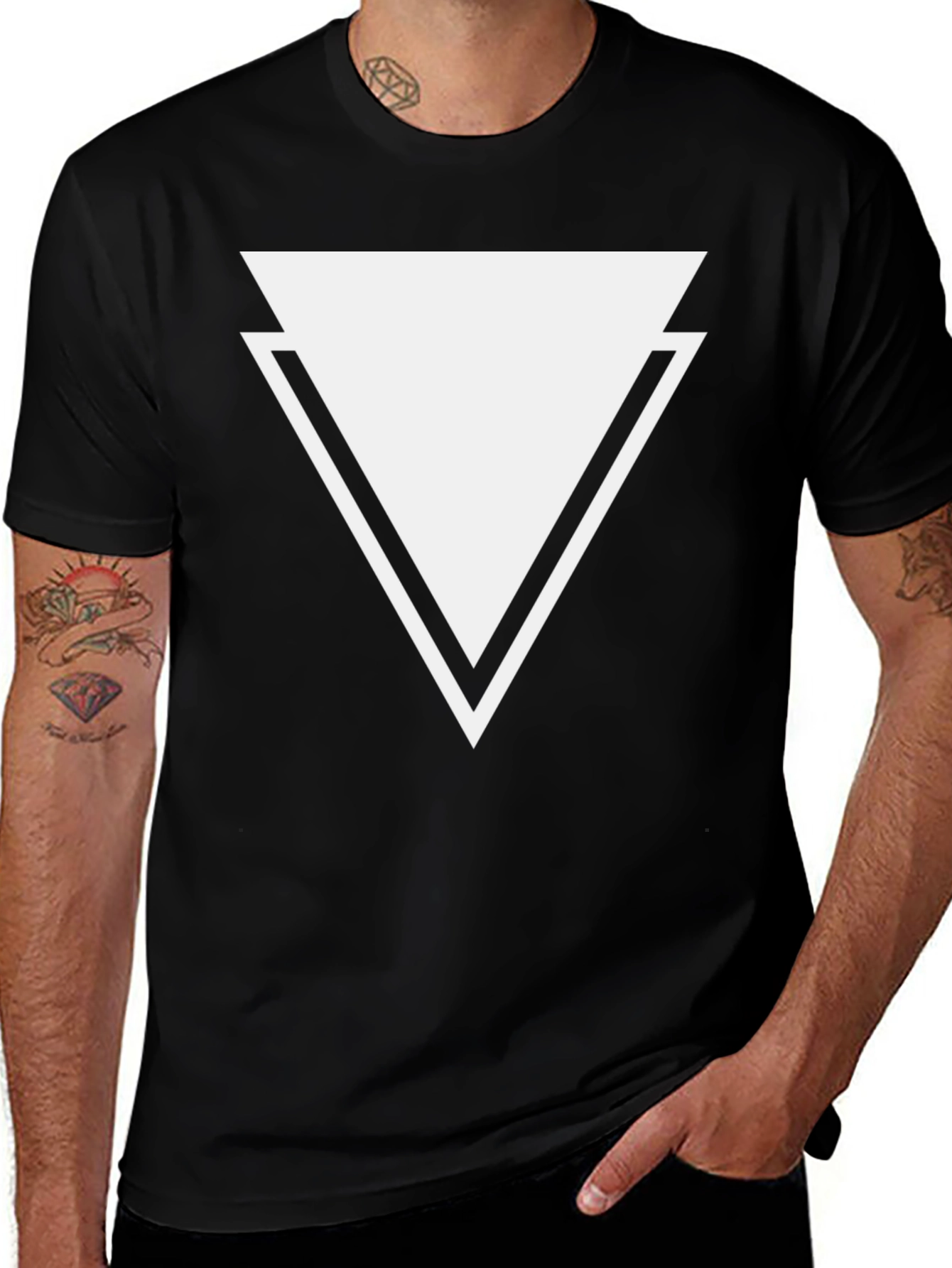 Mens Black T-Shirt - Geometric Triangle Design