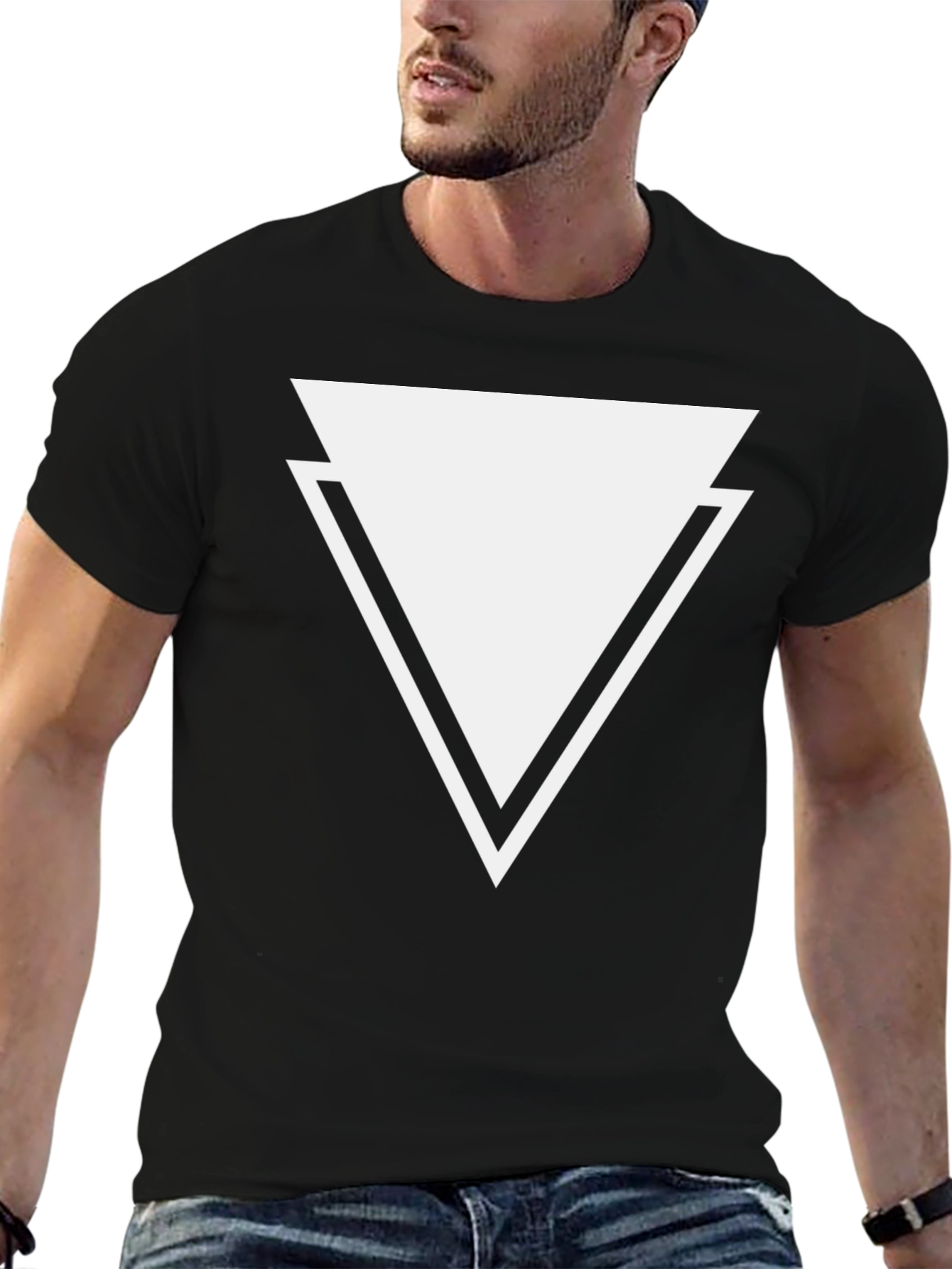 Mens Black T-Shirt - Geometric Triangle Design