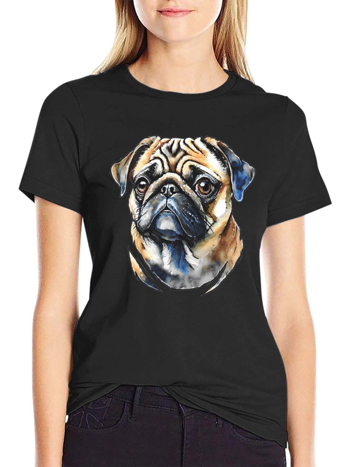 Pug Dog Portrait Graphic T-Shirt - Black